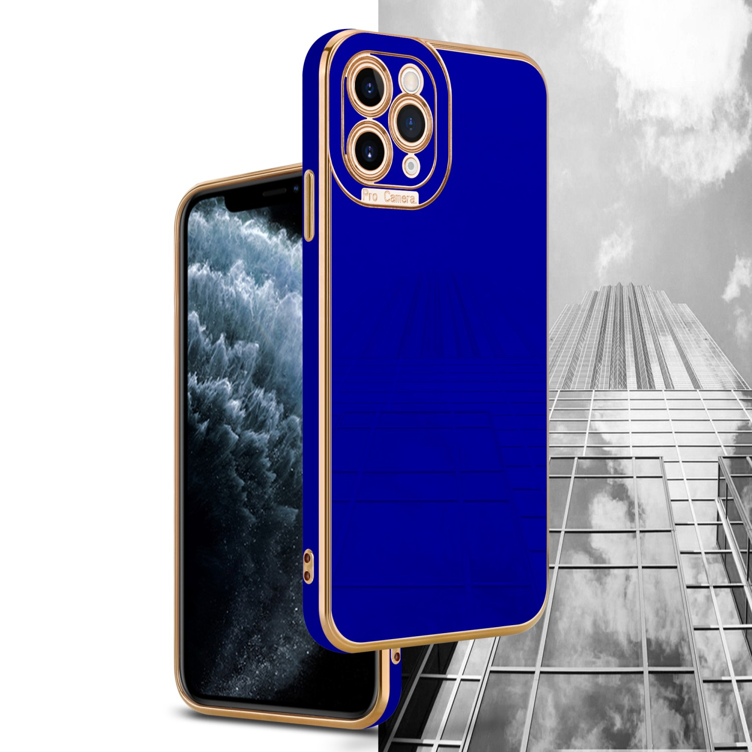 Blaue Handyhülle mit goldenem Rand, neben einem Telefon. Hintergrund ist ein Wolkenkratzer.