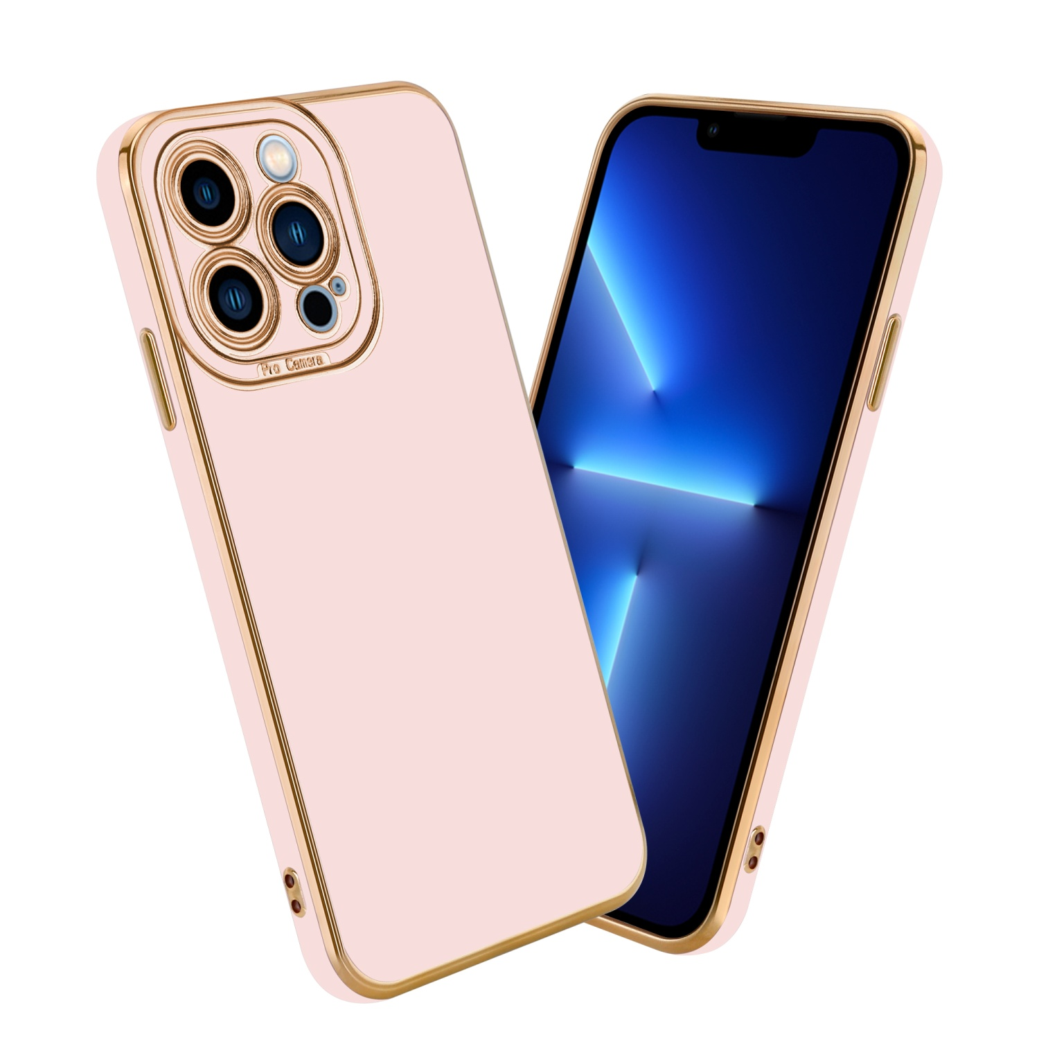 Rosa und goldene Handyhülle mit einem Telefon, das einen blauen Bildschirm zeigt. Hülle hat Kameraausschnitte.