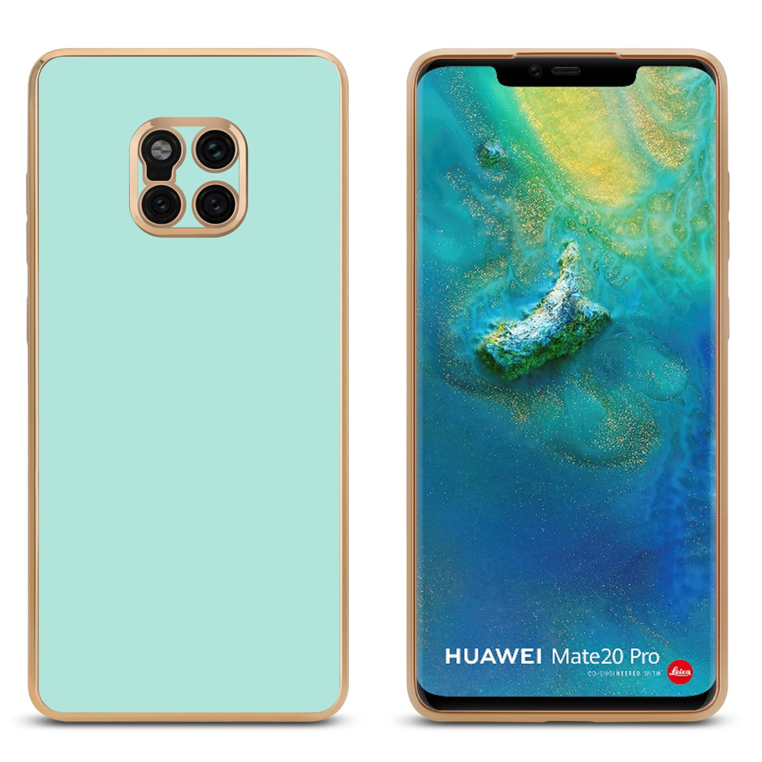 Minzgrüne Handyhülle und Telefon mit Huawei Mate 20 Pro, goldene Ränder, weißer Hintergrund.
