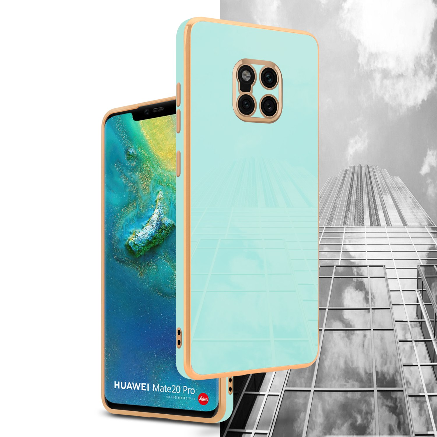 Eine Handyhülle und ein Telefon. Hülle ist mint, gold. Telefon zeigt Landschaft. Hintergrund hat ein Hochhaus.