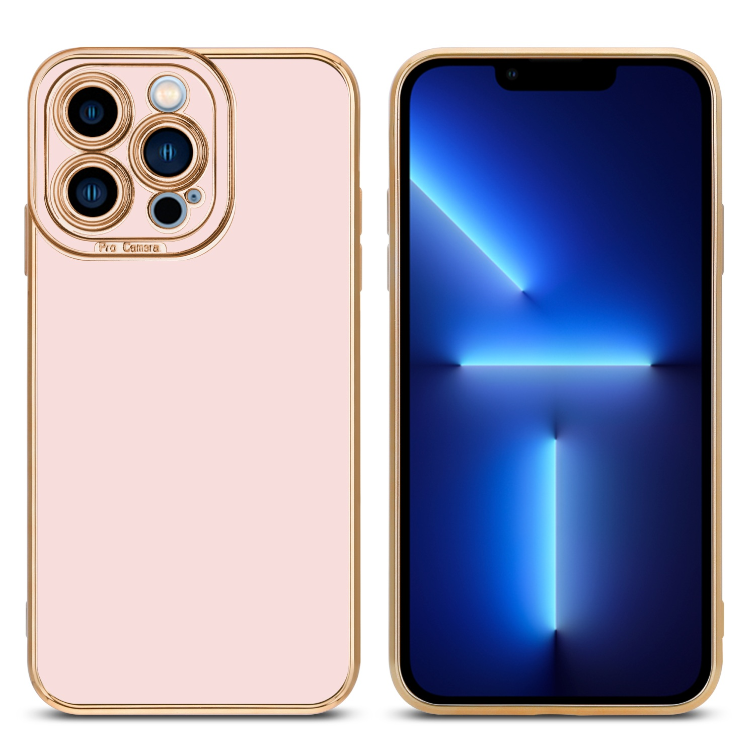 Handyhülle neben einem Telefon. Das Telefon zeigt einen blauen Farbverlauf, die Hülle ist rosa.