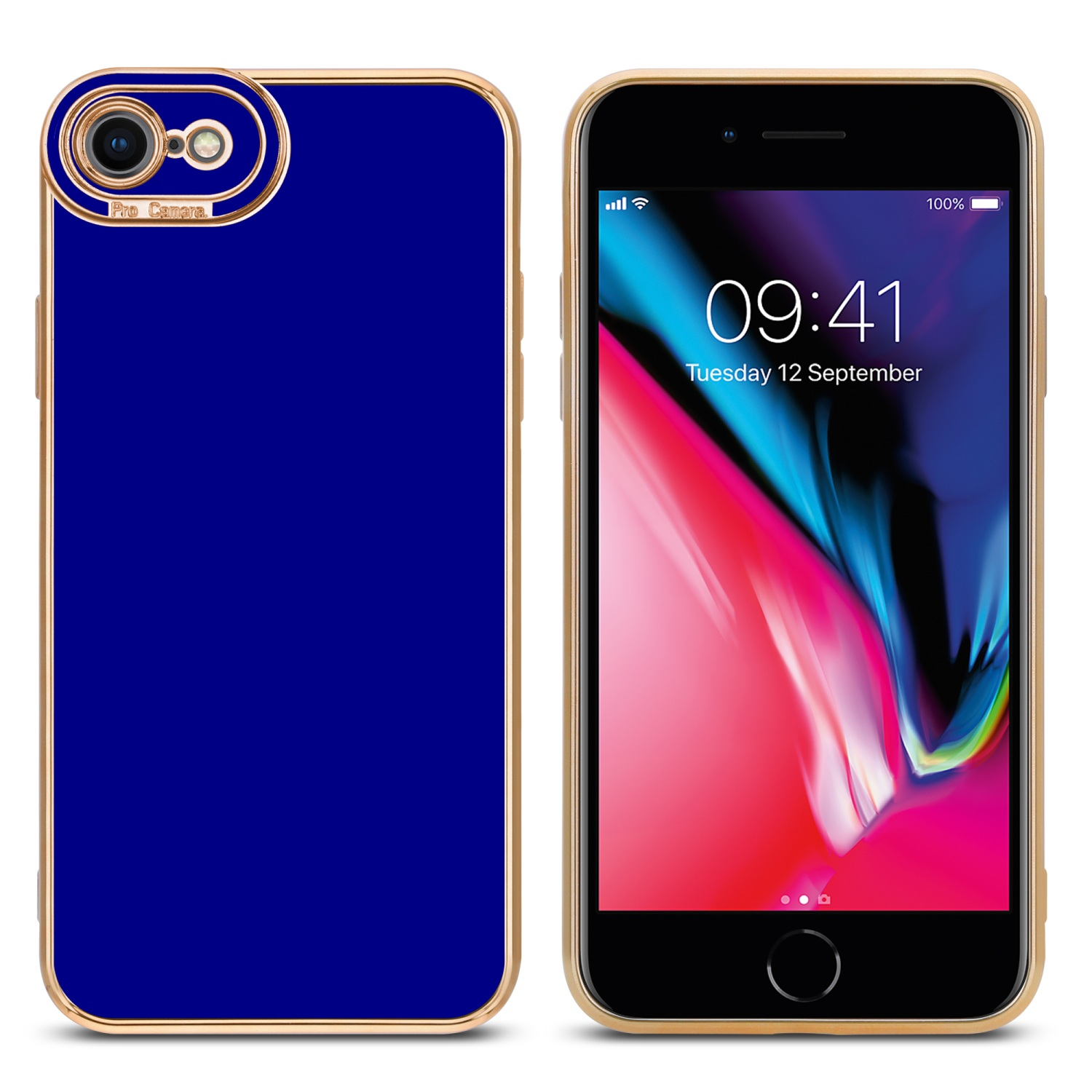 Eine Handyhülle und ein Telefon stehen nebeneinander. Die Hülle ist blau mit goldenem Rahmen, das Telefon rot.