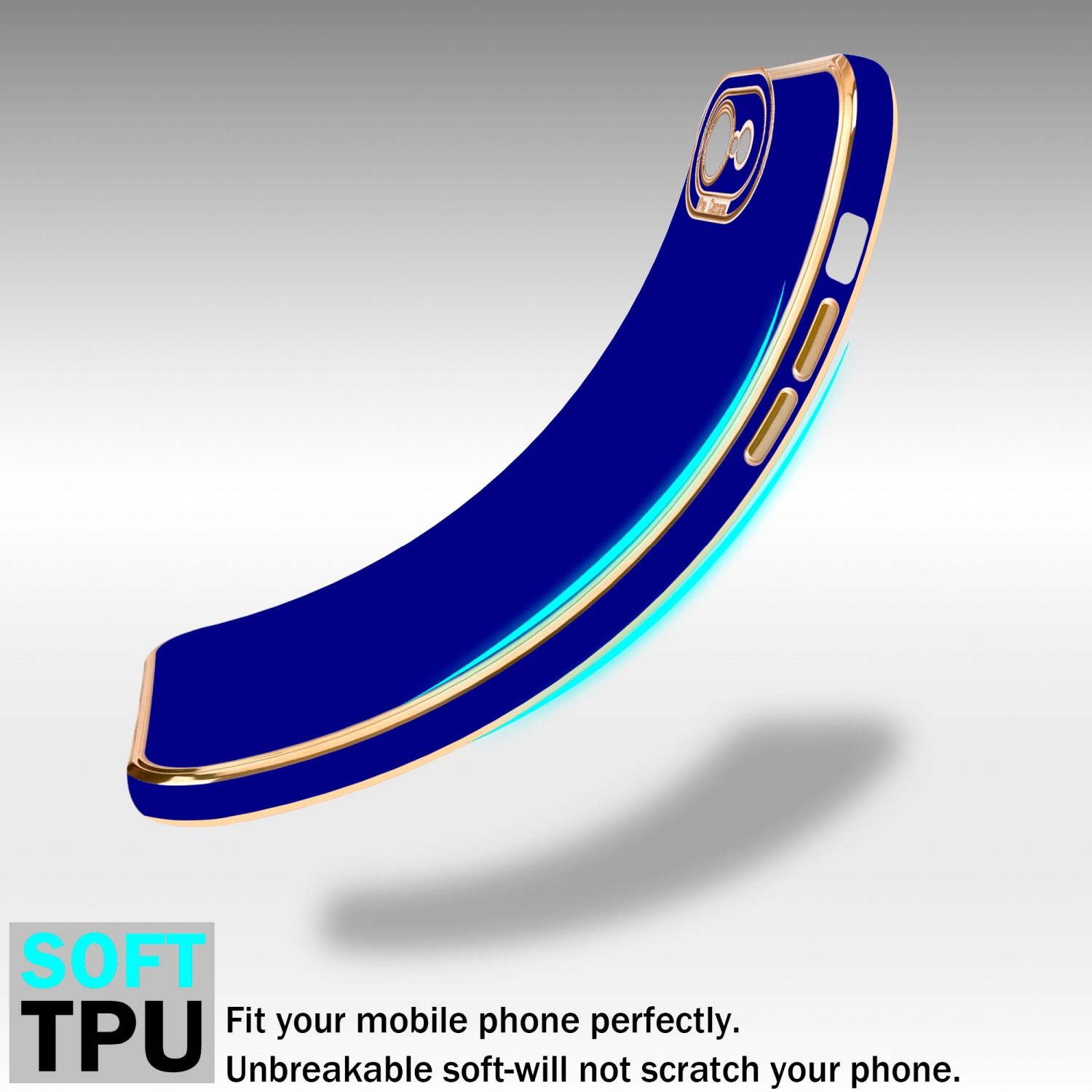 Gebogene blaue Handyhülle mit Goldrand auf einem Gradientenhintergrund. Soft-TPU-Text unten.