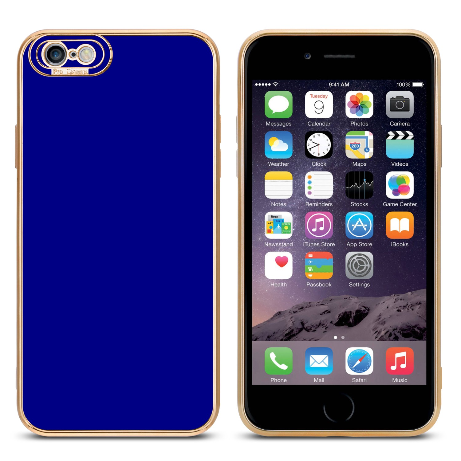 Blaue Handyhülle mit Telefonbildschirm und dem Text 'Pro Camera'.