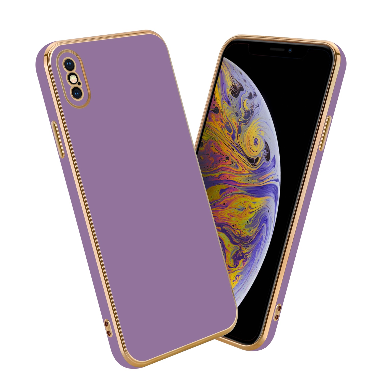 Lila Handyhülle mit goldfarbenem Besatz, neben einem Telefon mit gemustertem Bildschirm.