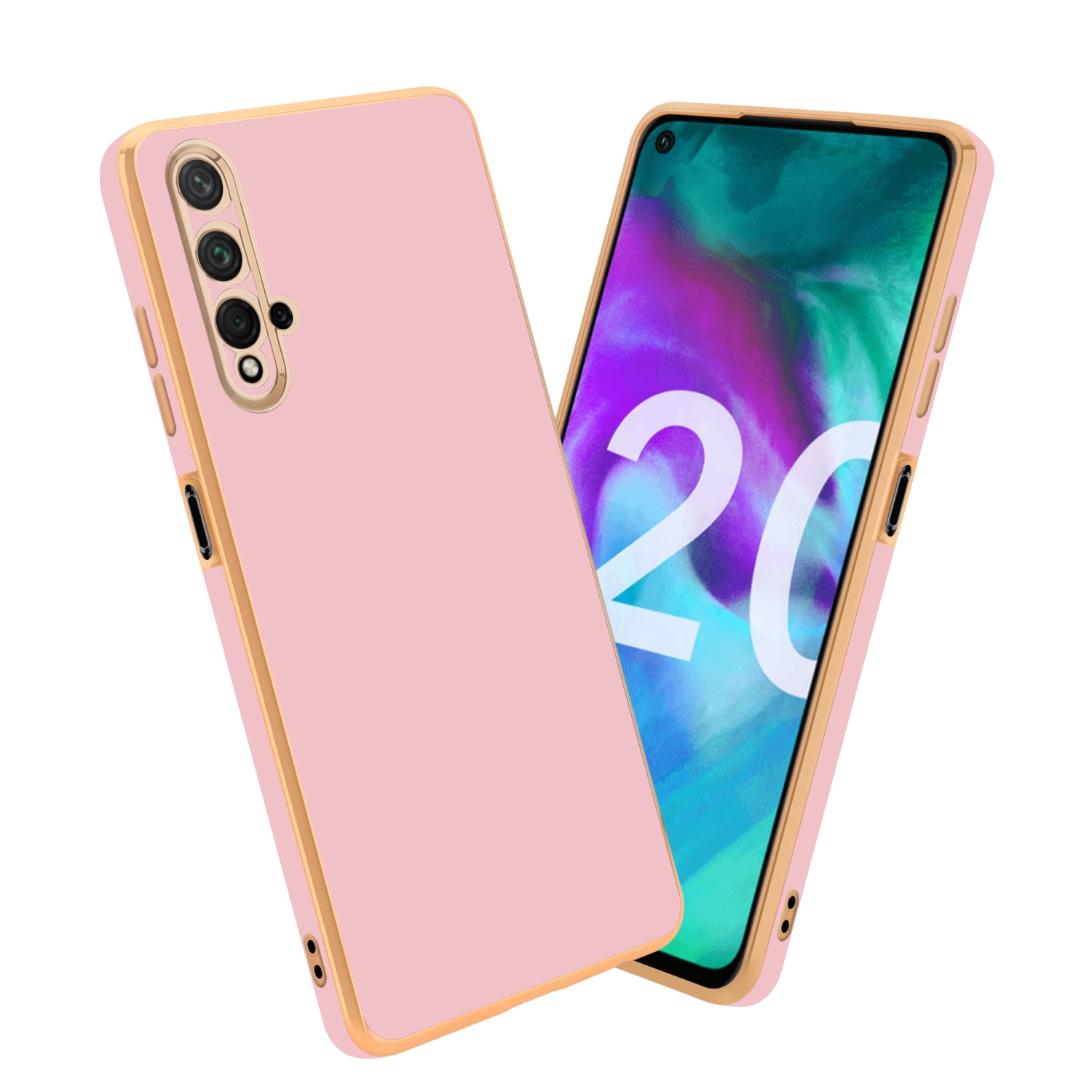 Rosa Handyhülle mit goldfarbenem Rand und Telefon mit pinkfarbenem Bildschirm.