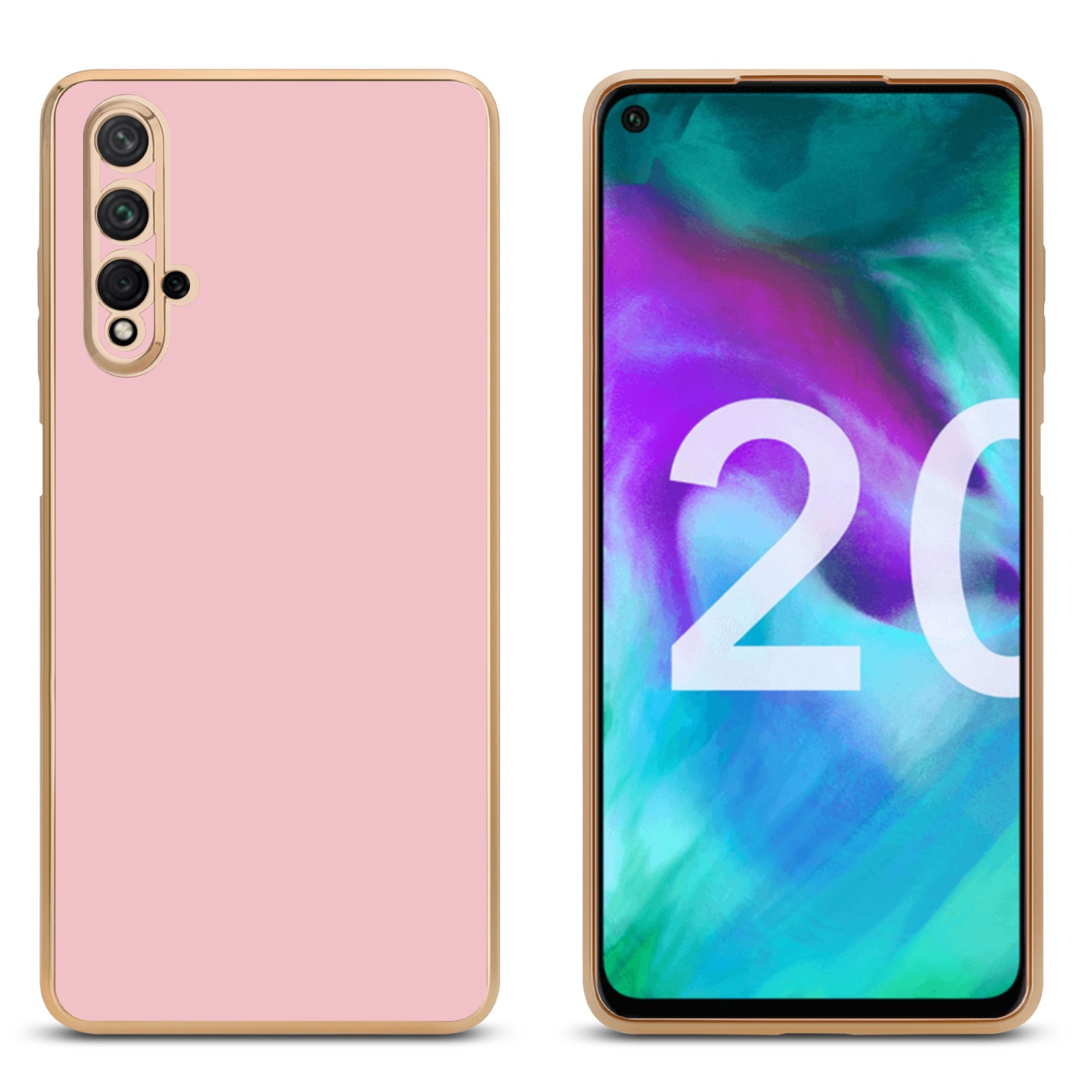 Rosa Telefon mit Goldkanten links, mit dem Bildschirm rechts.