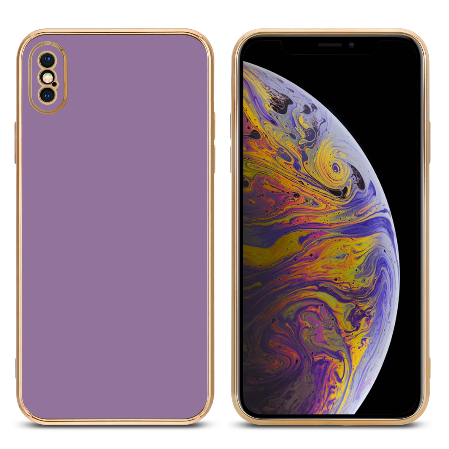CADORABO Handyhülle mit iPhone XS Backcover, MAX, Glossy Lila Kameraschutz, Gold Apple, 
