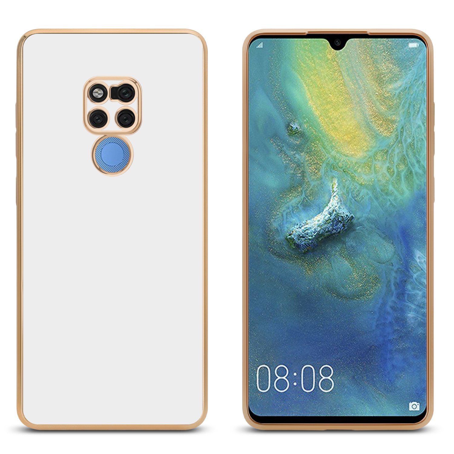 Weiße Handyhülle mit Goldrahmen, neben einem Telefon mit Goldrahmen. Das Telefon zeigt die Zeit an.
