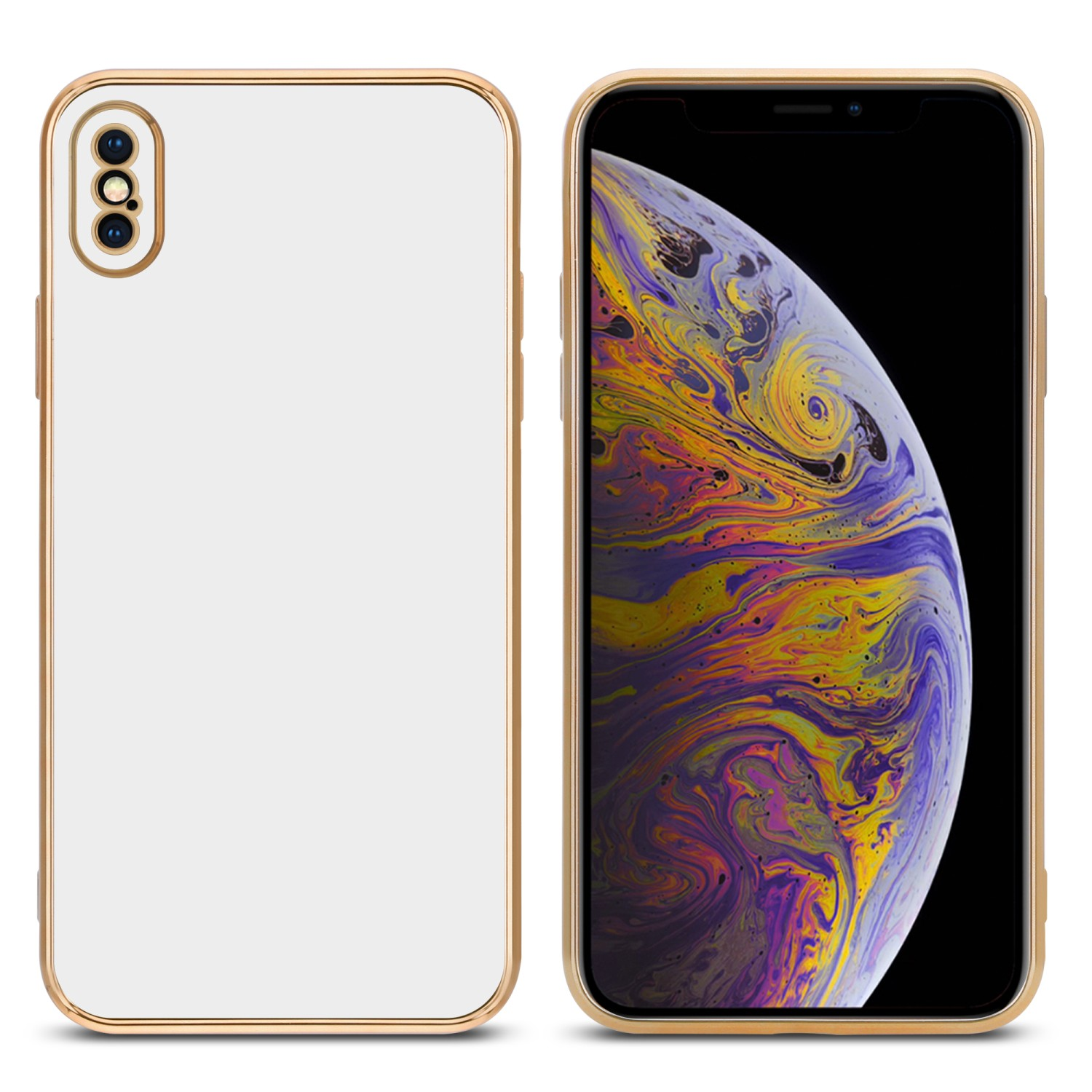 Zwei Telefone, eins mit weißer Hülle und eins mit buntem Hintergrund.