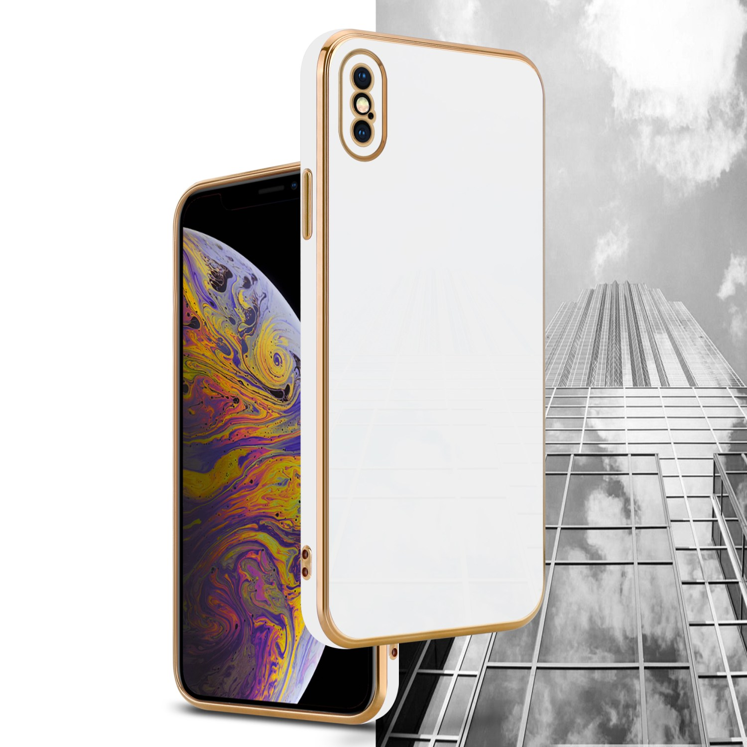 Eine weiße Handyhülle mit goldenem Rand, neben einem Telefon, mit einem schwarz-weißen Stadtbild im Hintergrund.