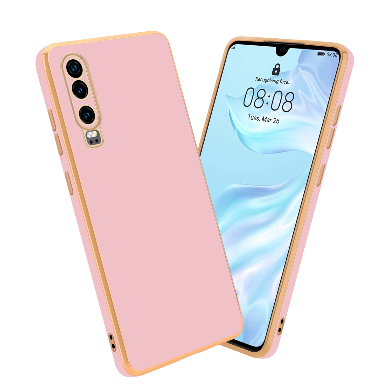 Rosa und goldene Handyhülle mit einem Telefon. Das Telefon zeigt Zeit und Datum an.