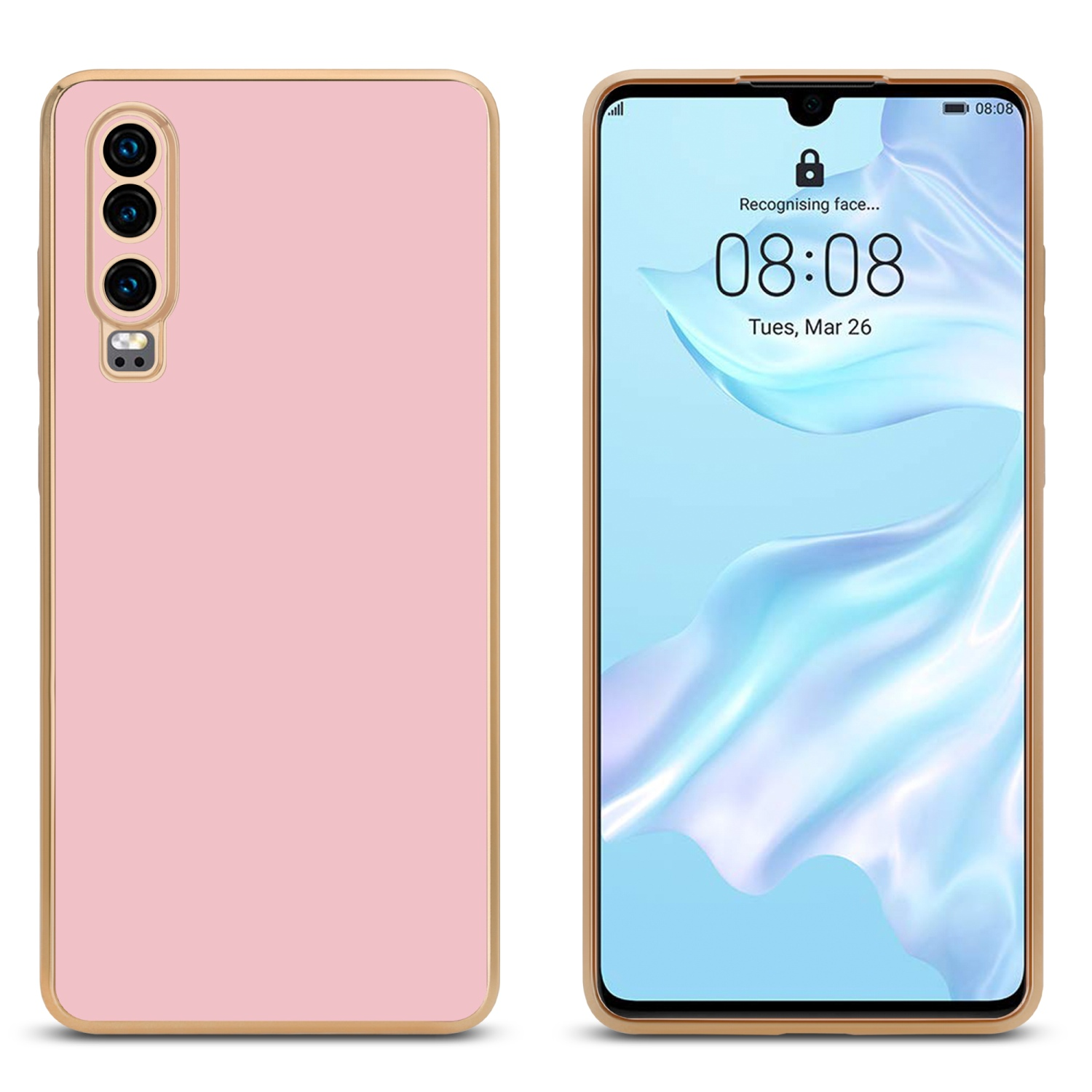 Rosa Handyhülle auf der linken Seite und das Telefon mit dem Bildschirm, der die Zeit anzeigt.