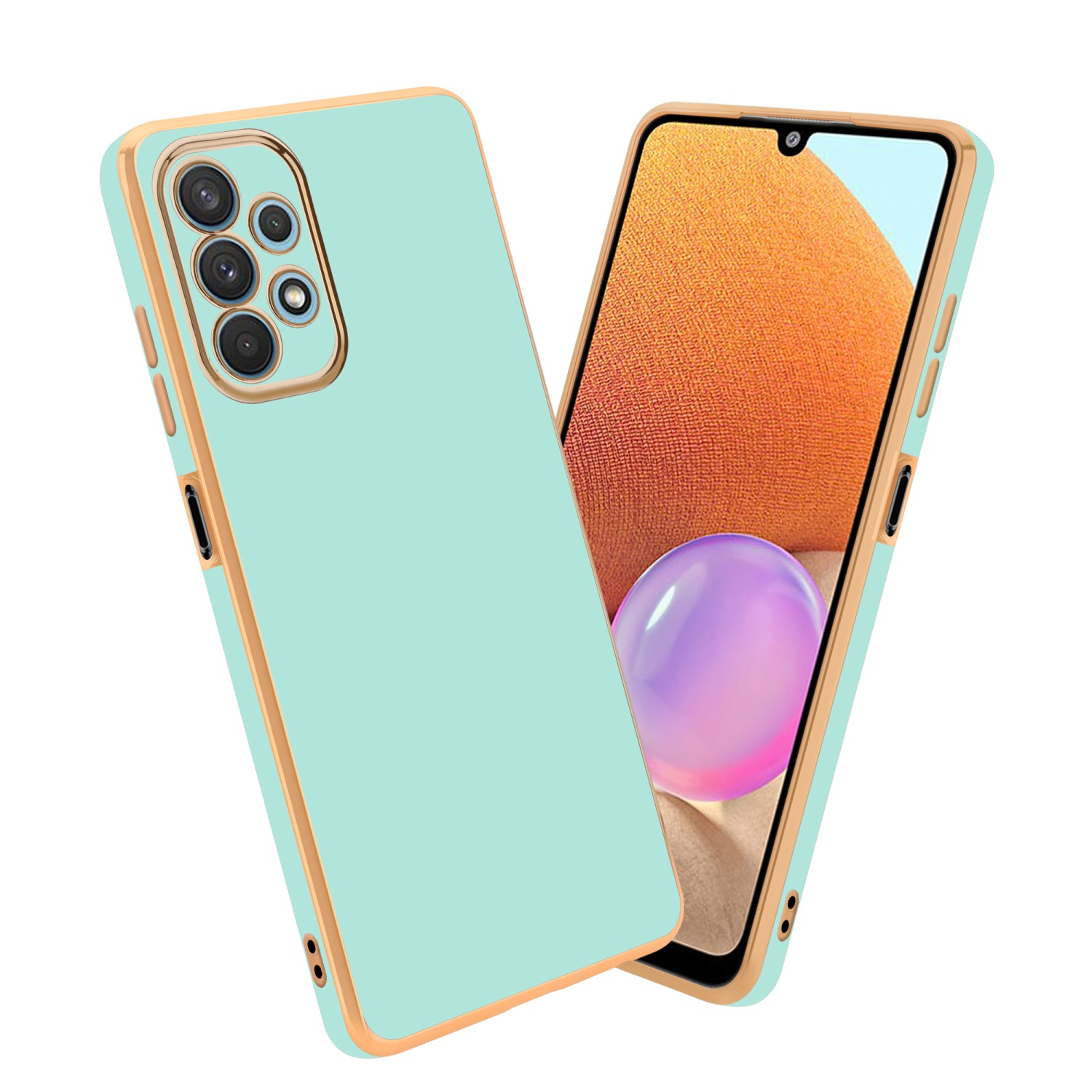 Ein Telefon in einer mintgrünen Hülle mit goldenem Rand. Das Telefon ist rechts.