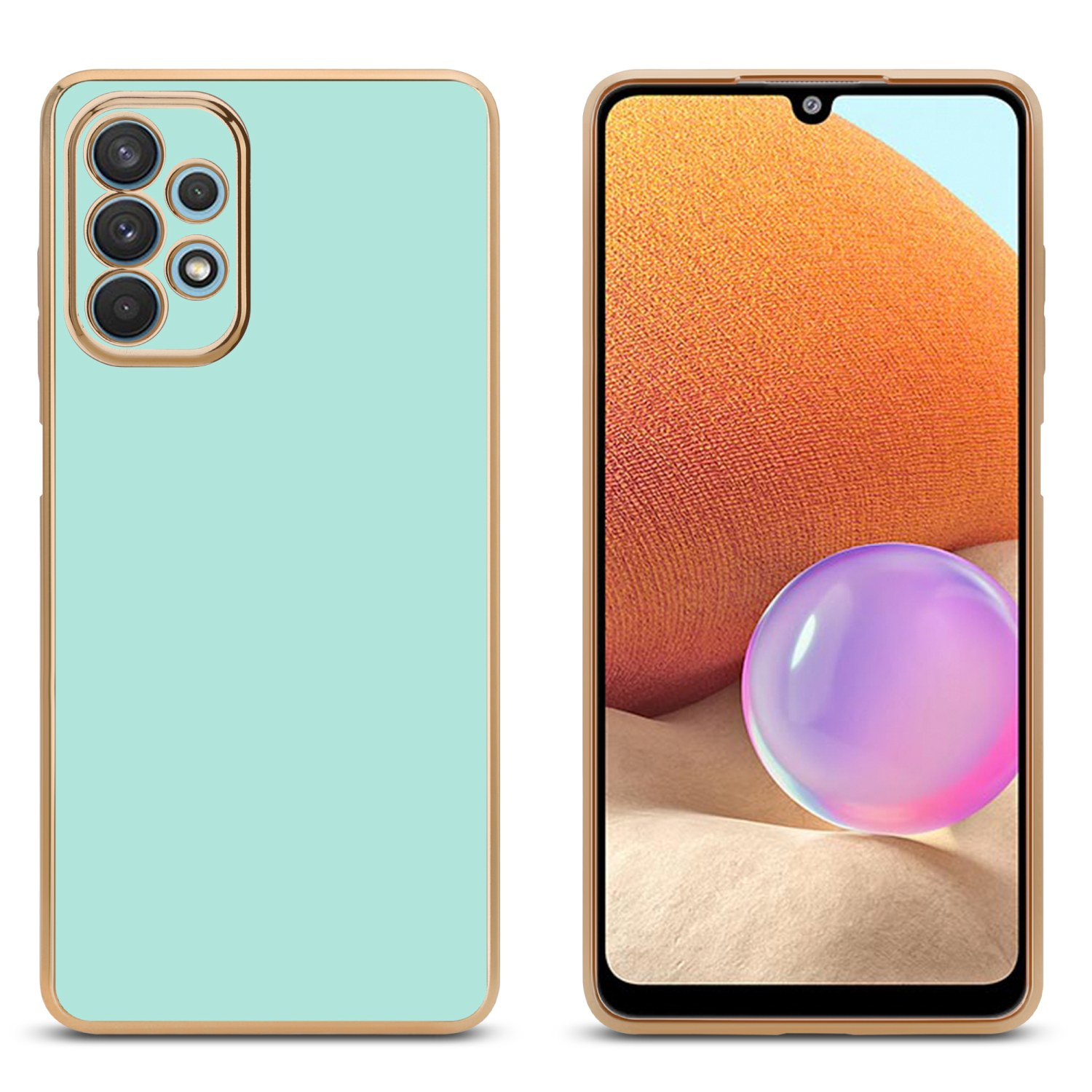 Eine türkisblaue Handyhülle neben einem Telefon mit orangefarbenem Bildschirm, goldene Akzente.