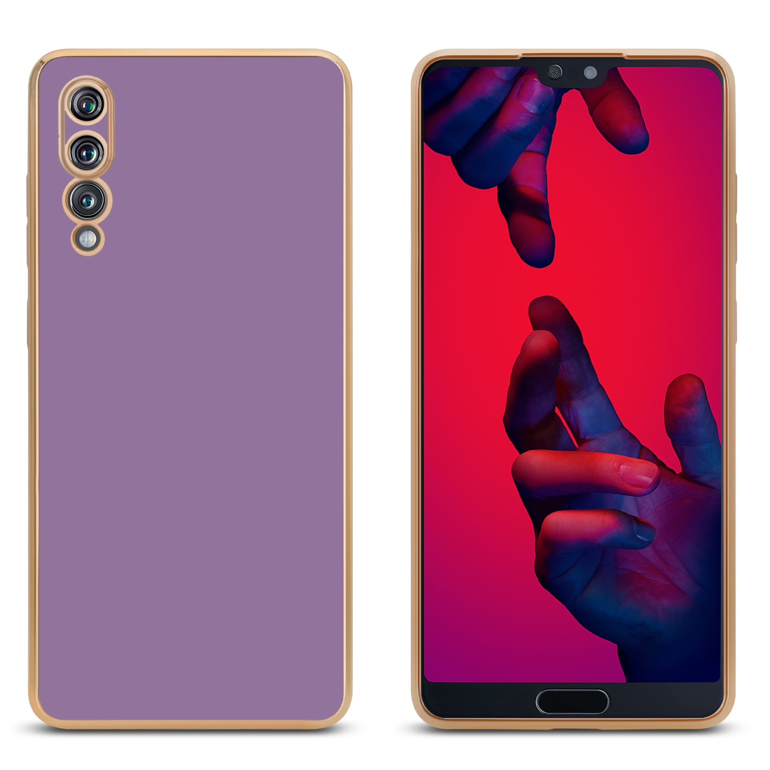 Zwei Telefone, eine lila Hülle, eines mit rotem und lila Hintergrund. Das Telefon ist abgewinkelt.