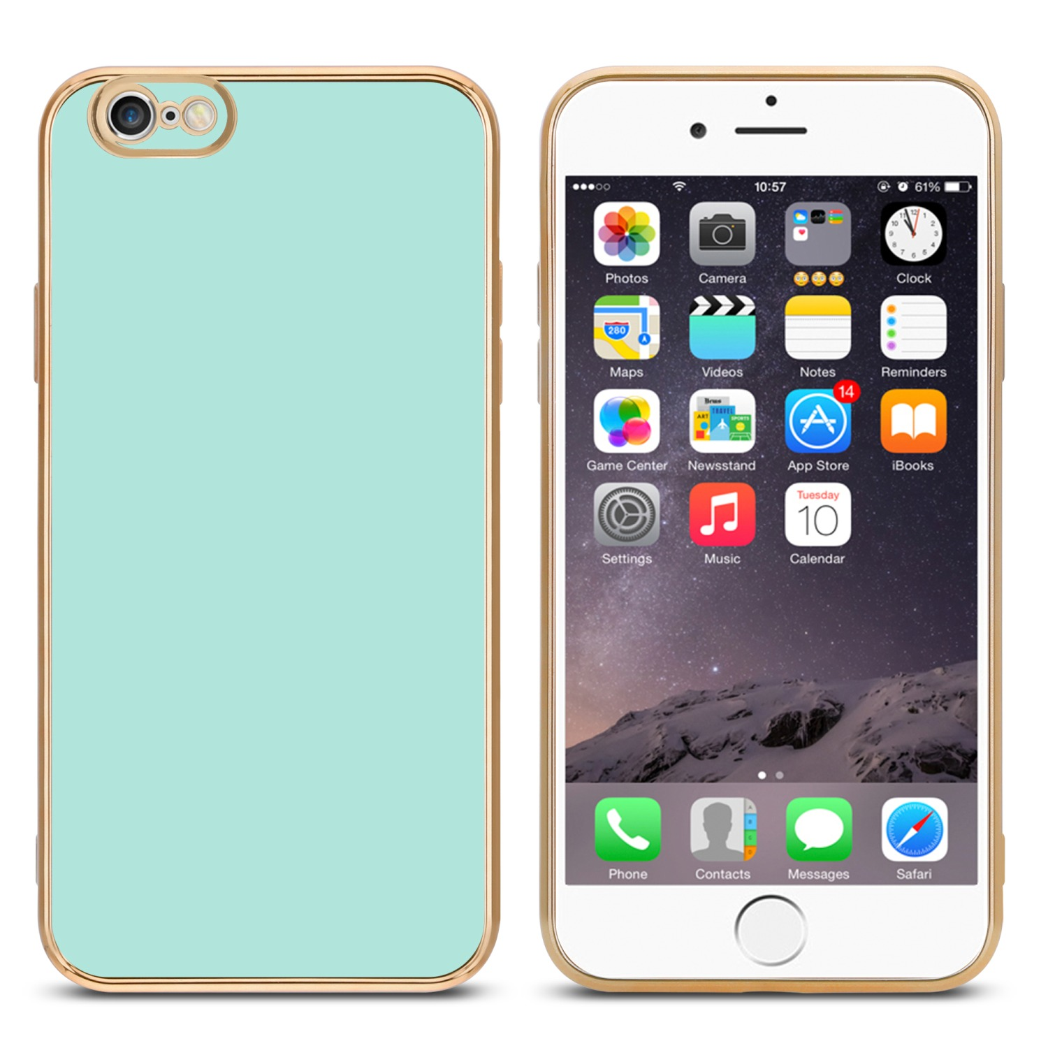Ein Telefon mit mintgrüner Rückseite und goldfarbenem Rand. Der Bildschirm des Telefons zeigt App-Symbole.