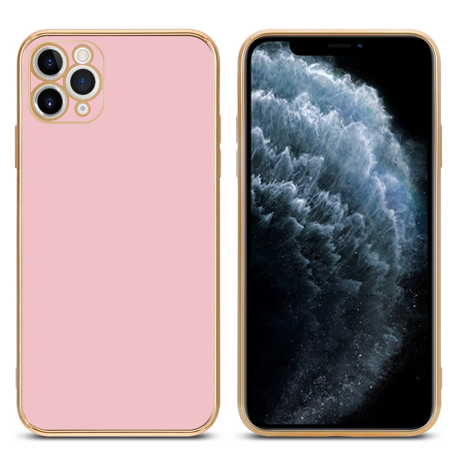 Zwei Telefone, eines rosa mit Goldrahmen, eines mit Wasserbild.