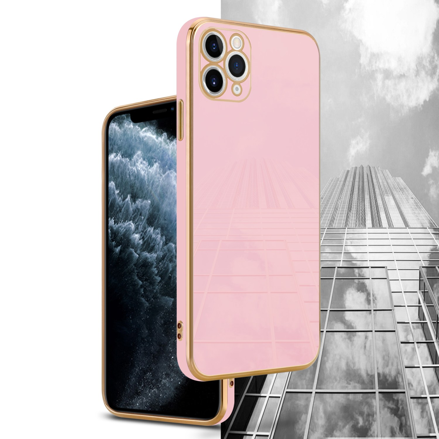 Zwei pinke Telefone mit goldenen Rändern. Eines steht aufrecht, das andere davor.
