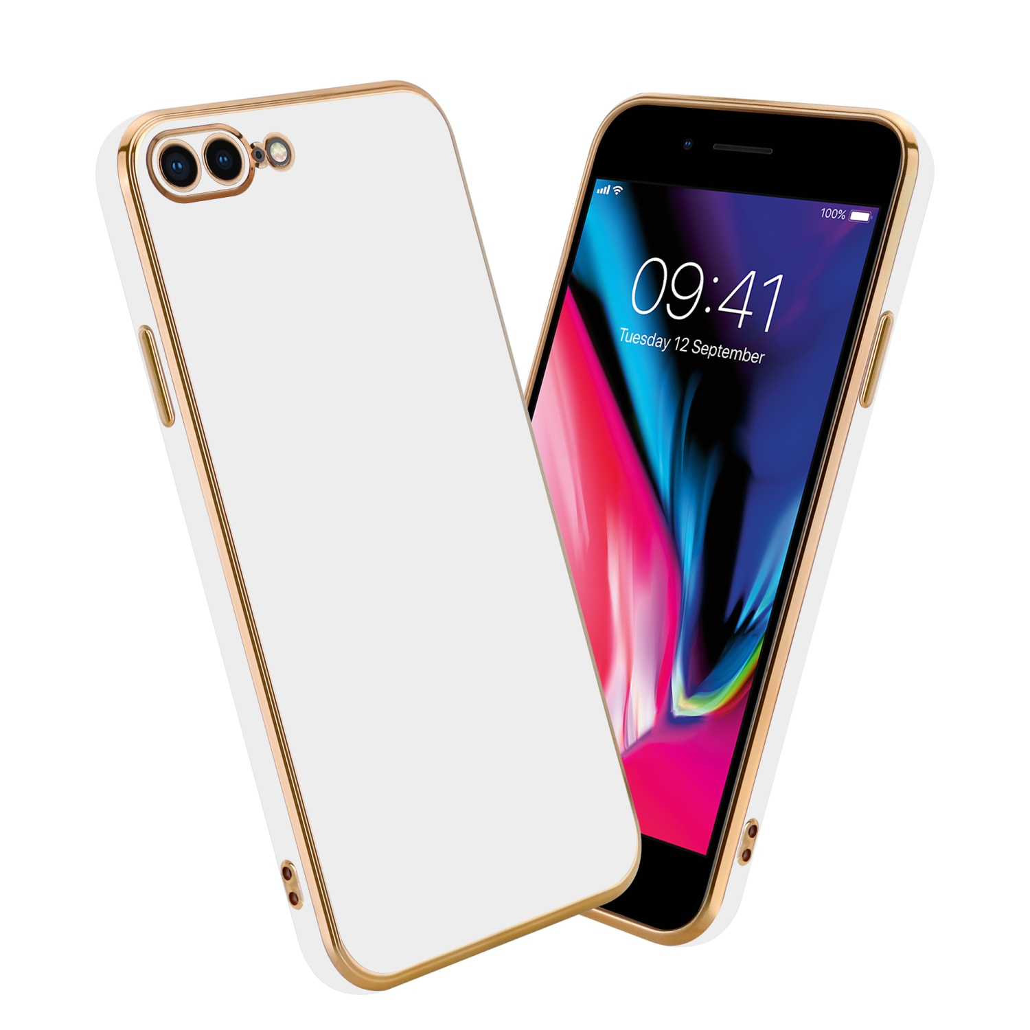 Weiße Handyhülle mit goldenem Rahmen. Telefon mit Bildschirm.