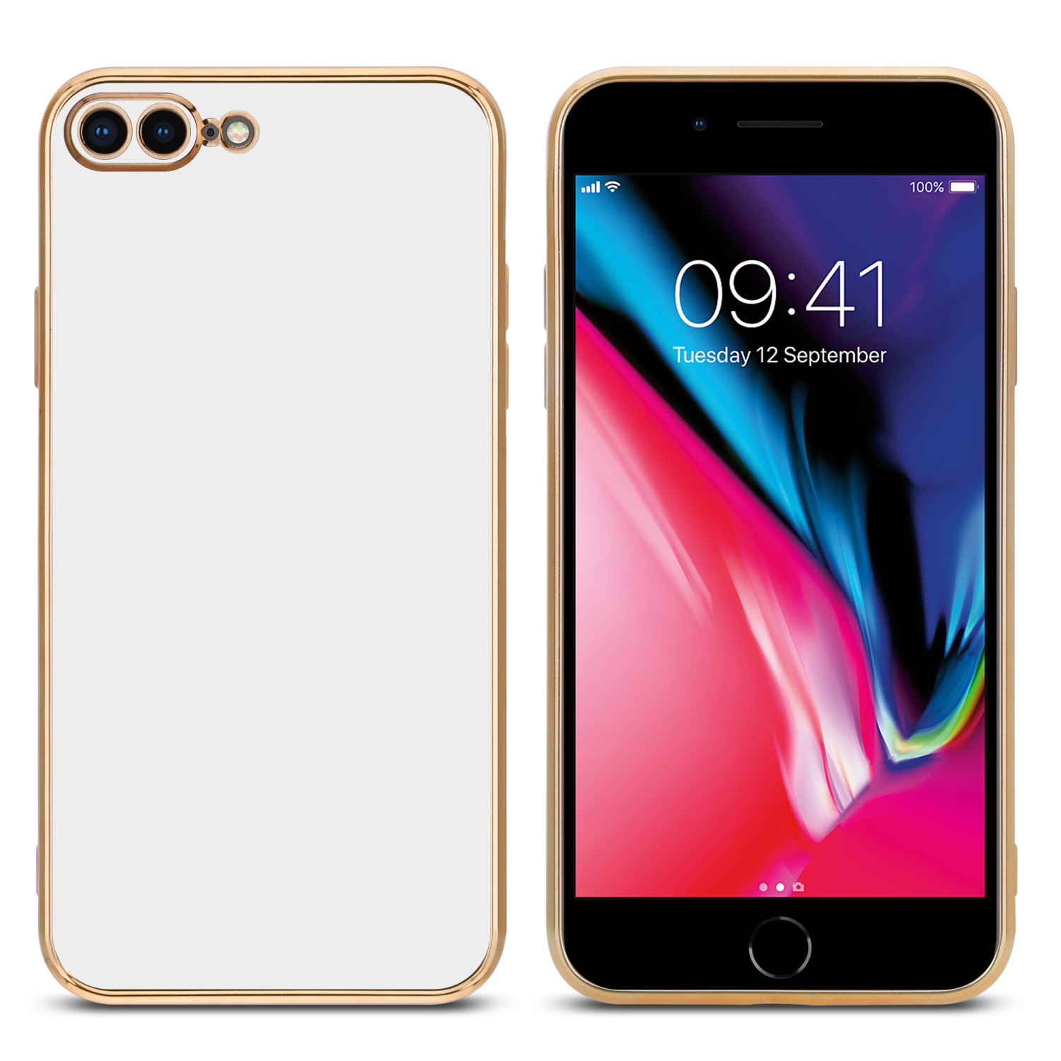 iPhone 8 in goldener Hülle, zeigt die Uhrzeit. Weiße Handyhülle links.