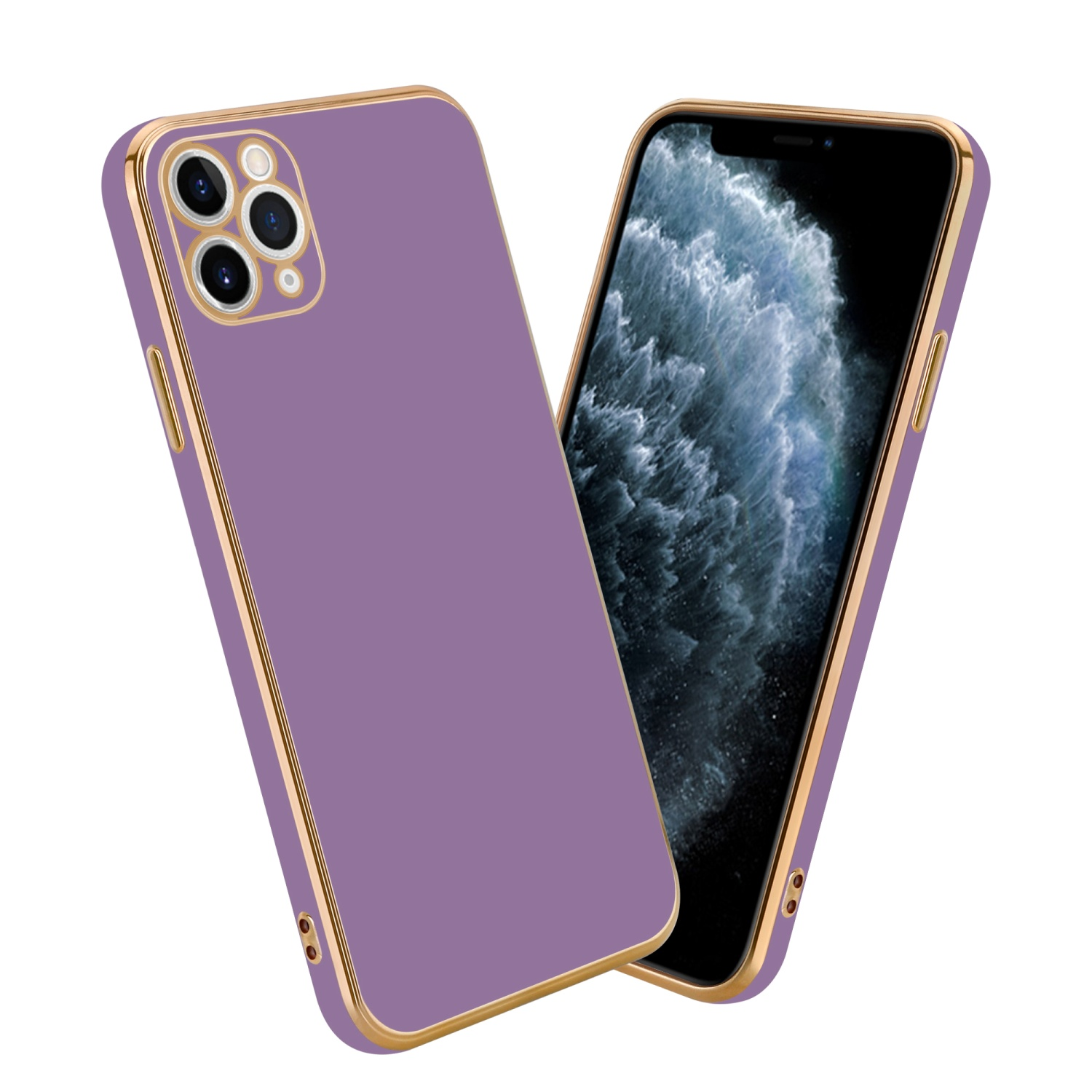 Lila Handyhülle mit goldfarbenem Rand und einem Telefon darin. Beide nebeneinander.