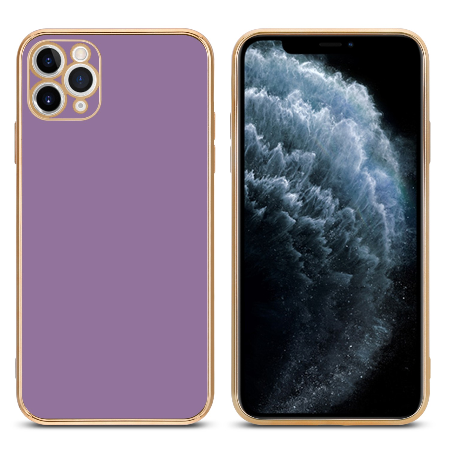 Lilafarbene Handyhülle mit Goldkanten, Telefon innen, Design zeigend.
