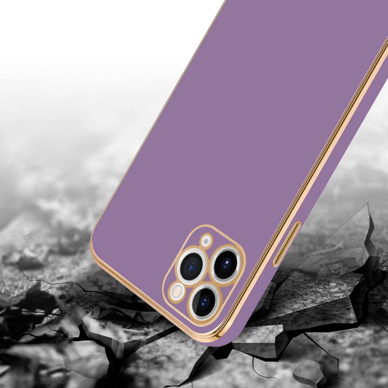Violette Handyhülle auf gerissenem Beton, mit goldenem Rand und Kameradetail.