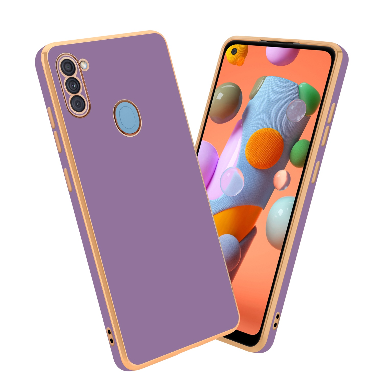 Lila Handyhülle mit goldenen Rändern. Telefon ist innen, zeigt bunten Hintergrund.