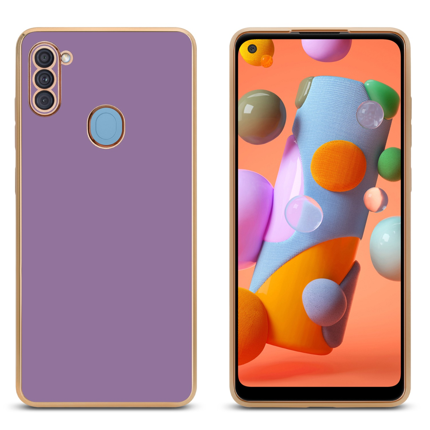 Zwei Telefone mit Goldrand, eines mit lila Rückseite, eines mit farbenfrohem Bildschirm.