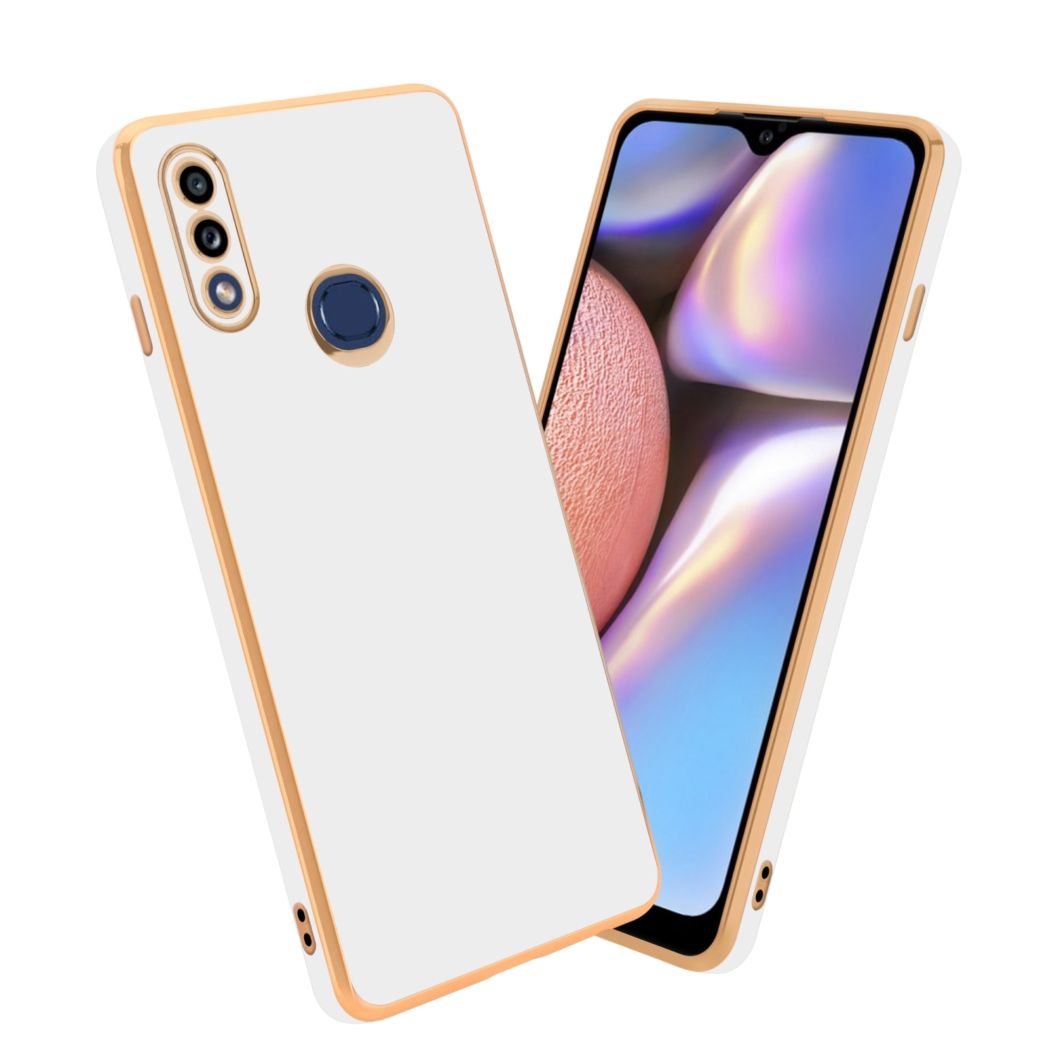 Zwei weiße und goldene Handyhüllen, eine mit einem Handy, das ein farbenfrohes Bild zeigt.