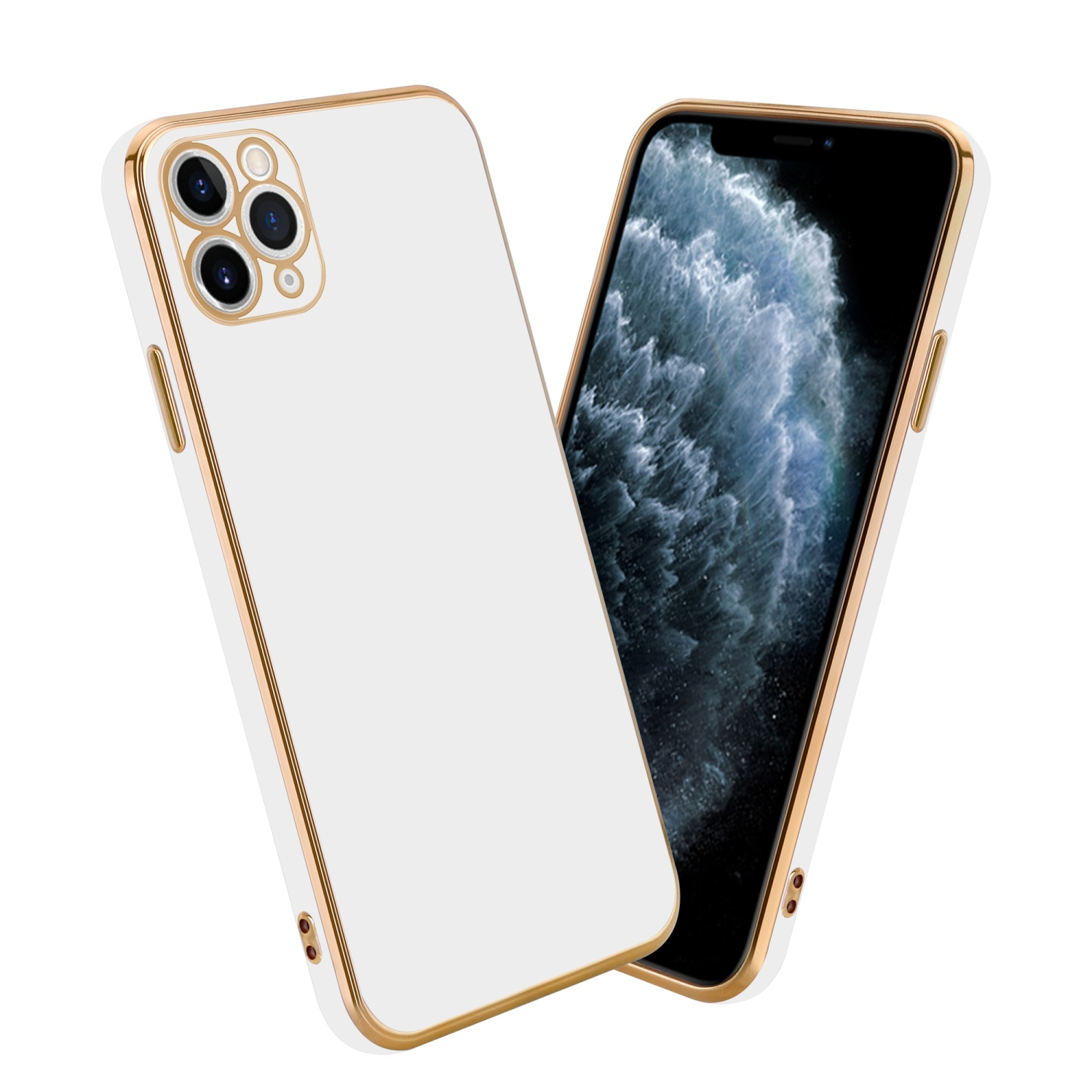 13 Glossy Apple, CADORABO Weiß - Gold mit PRO, Backcover, iPhone Kameraschutz, Handyhülle