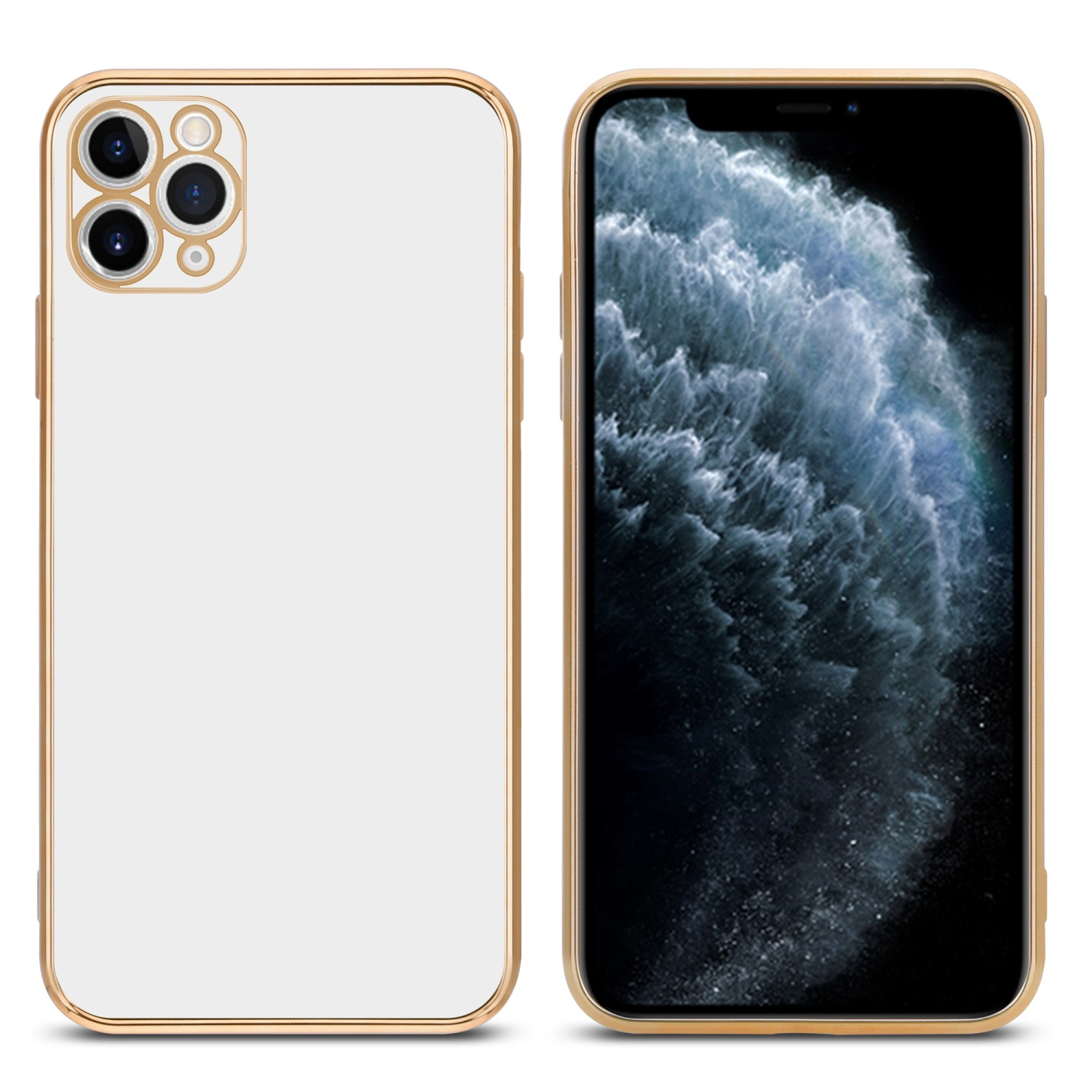 Weiße Handyhülle mit goldenem Rahmen, Telefon rechts, schwarzer Bildschirm mit verschwommenem Hintergrund.
