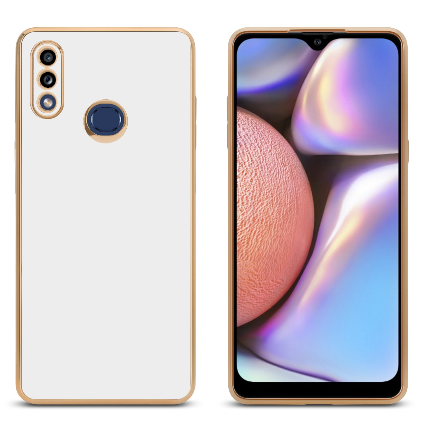 Weiße Handyhülle mit goldenem Rand. Ein Telefon mit Pfirsich- und Blau-Farbverlauf auf dem Bildschirm.