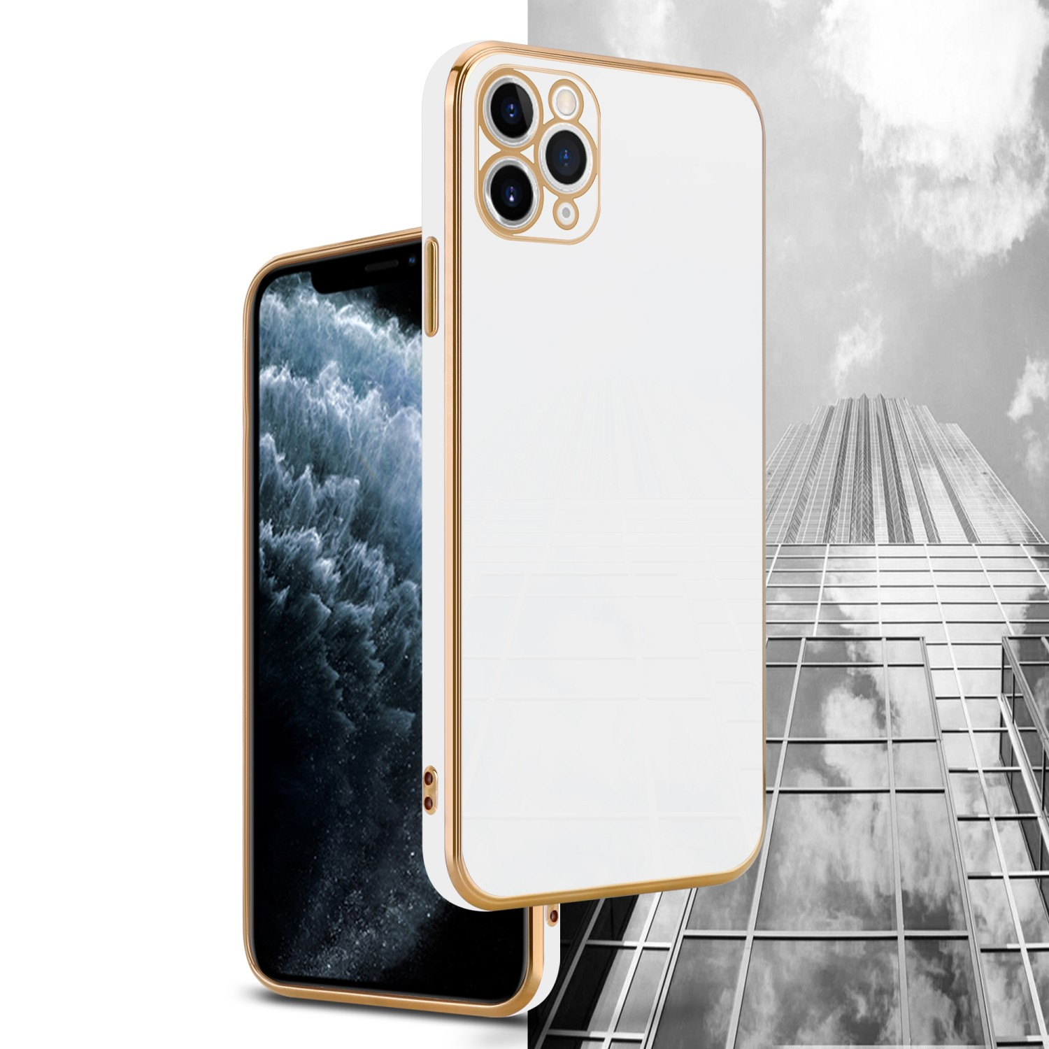 CADORABO Apple, 13 Glossy iPhone - Weiß PRO, mit Backcover, Gold Handyhülle Kameraschutz,