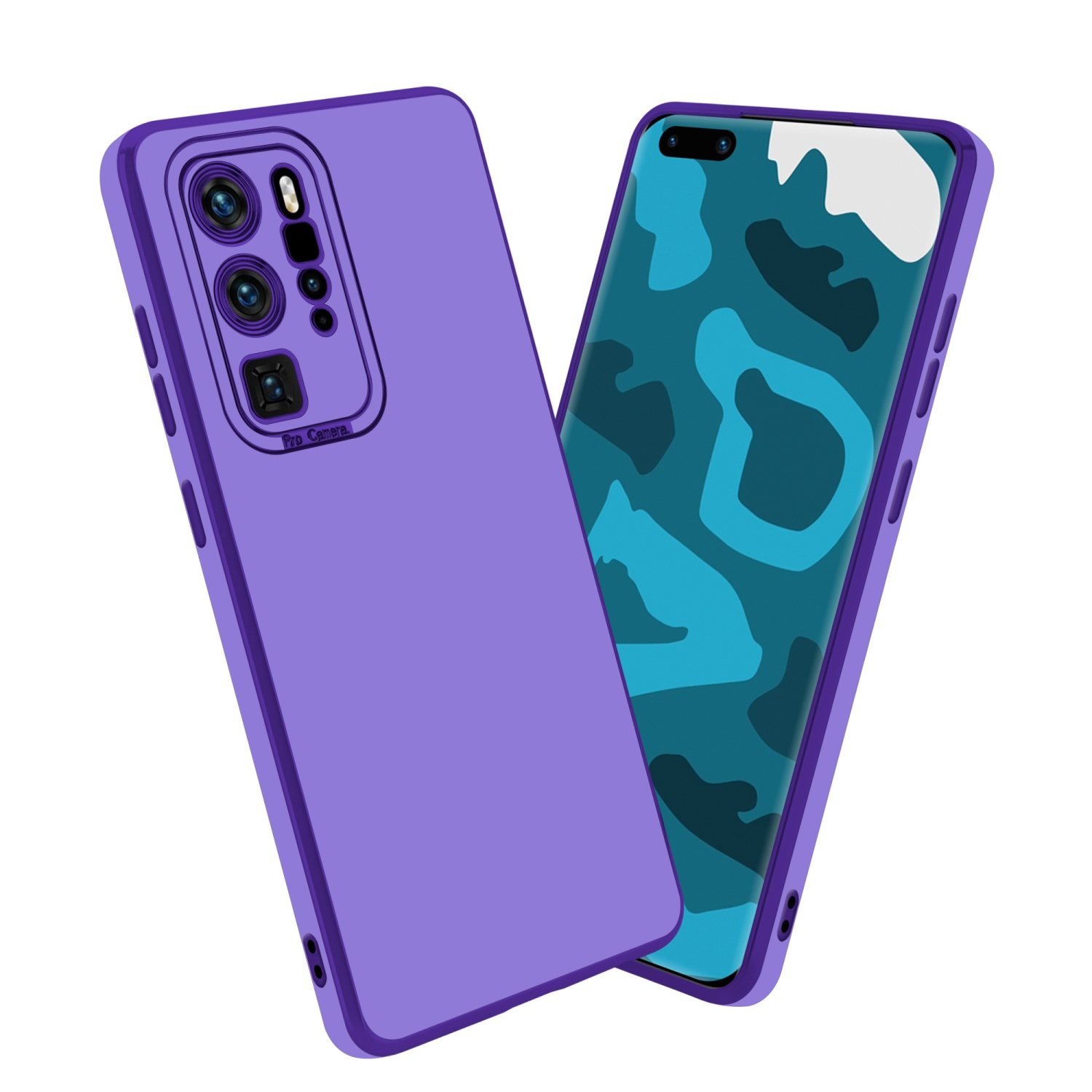 Zwei lila Handyhüllen. Eine offen, die einen Telefonbildschirm mit blauem Design zeigt.