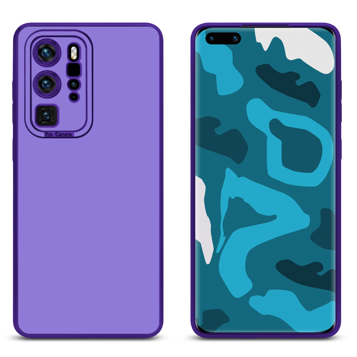 Lila Handyhülle und Bildschirm mit blauem Design.