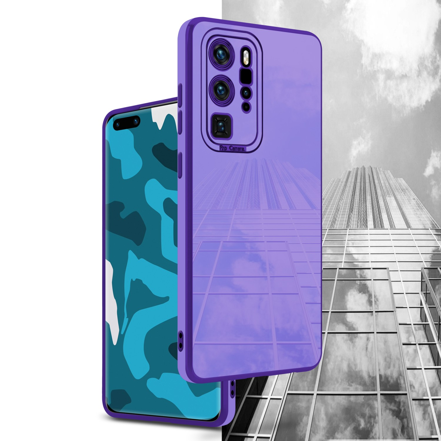 Lila Handyhülle mit Stadt-Hintergrund. Telefonbildschirm mit Camouflage-Muster.