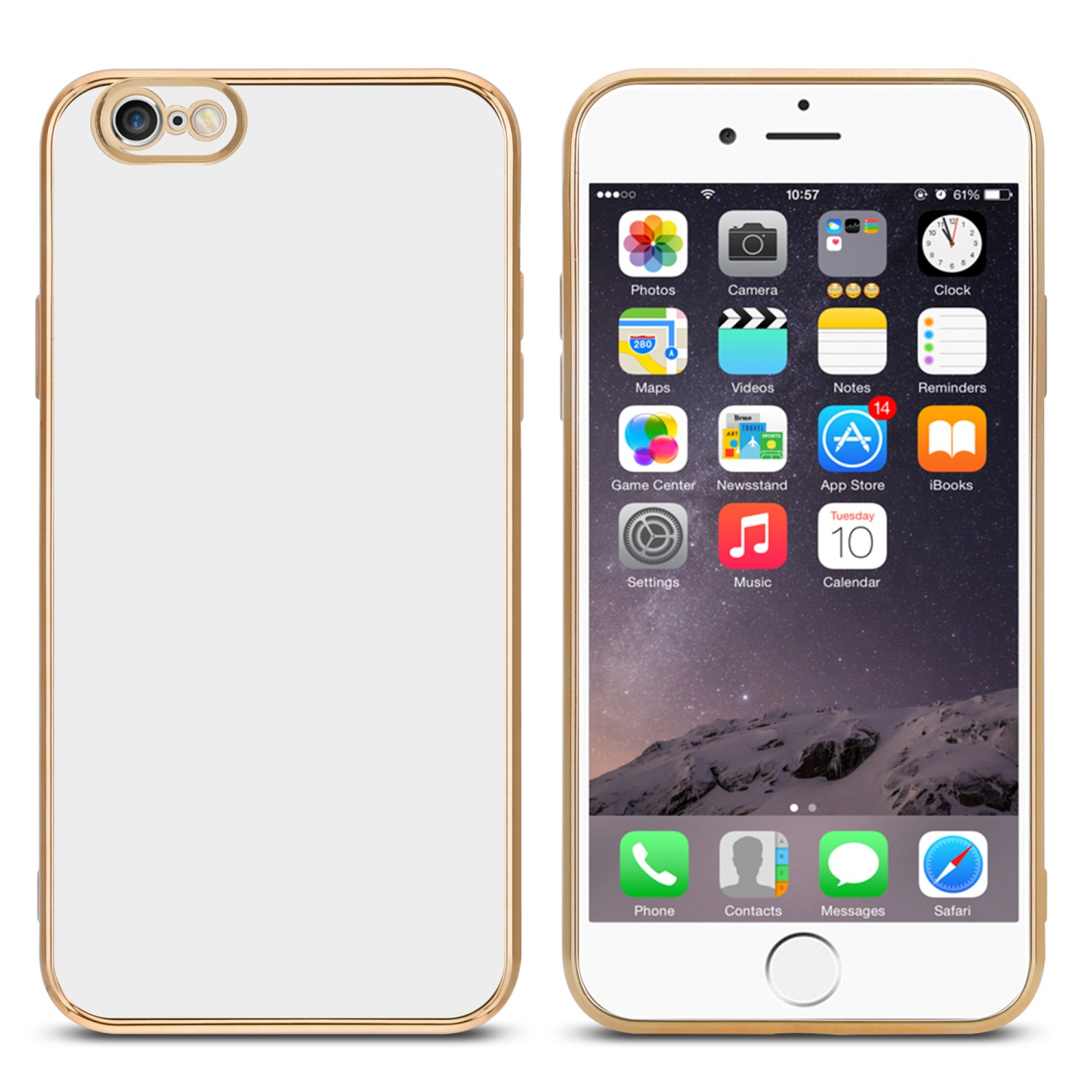 Weißes iPhone mit Goldrand. Der Bildschirm zeigt App-Symbole. Telefon liegt auf weißer Oberfläche.