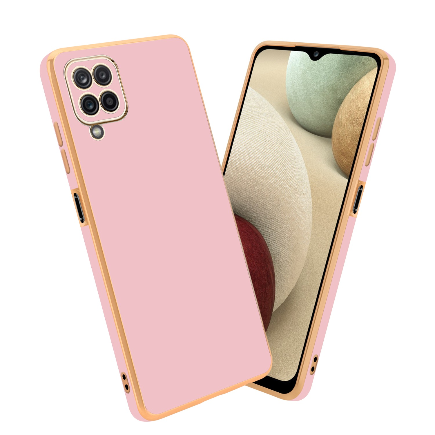 Rosa Handyhülle mit goldenem Rand. Dargestellt neben einem Telefon mit pinkfarbenem und rotem Bildschirm mit Symbolen.