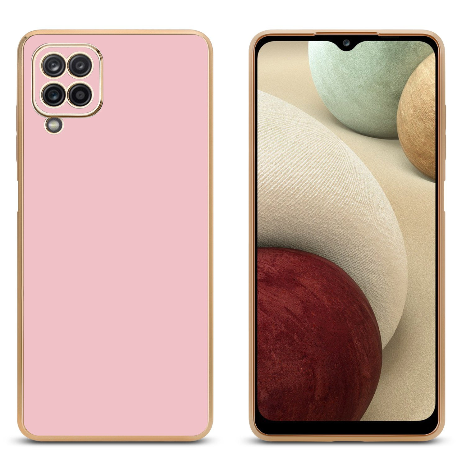 Rosa Handyhülle mit goldenem Rahmen und Telefon mit Bildschirm auf weißem Hintergrund.