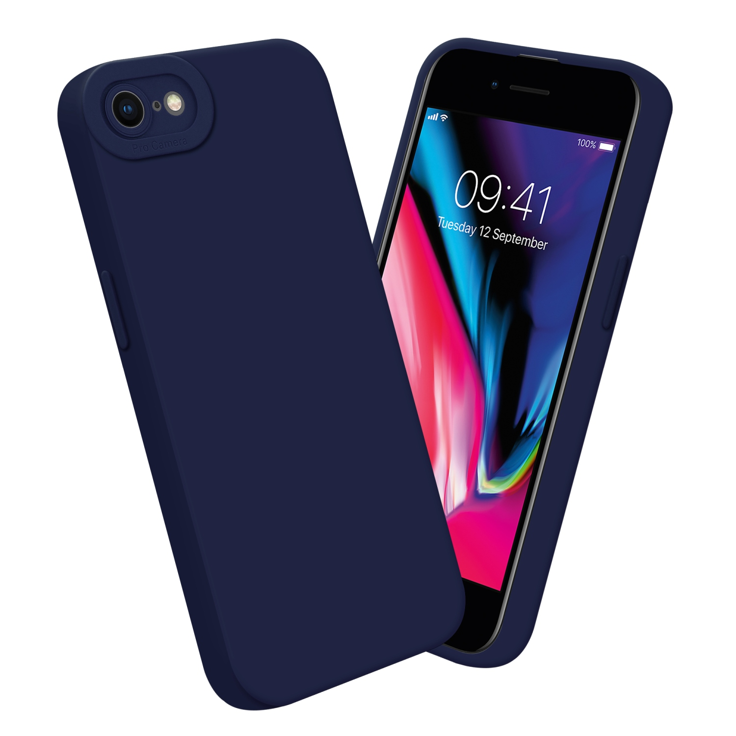Una custodia per telefono blu navy con un telefono all'interno. Lo schermo del telefono mostra un'immagine colorata.
