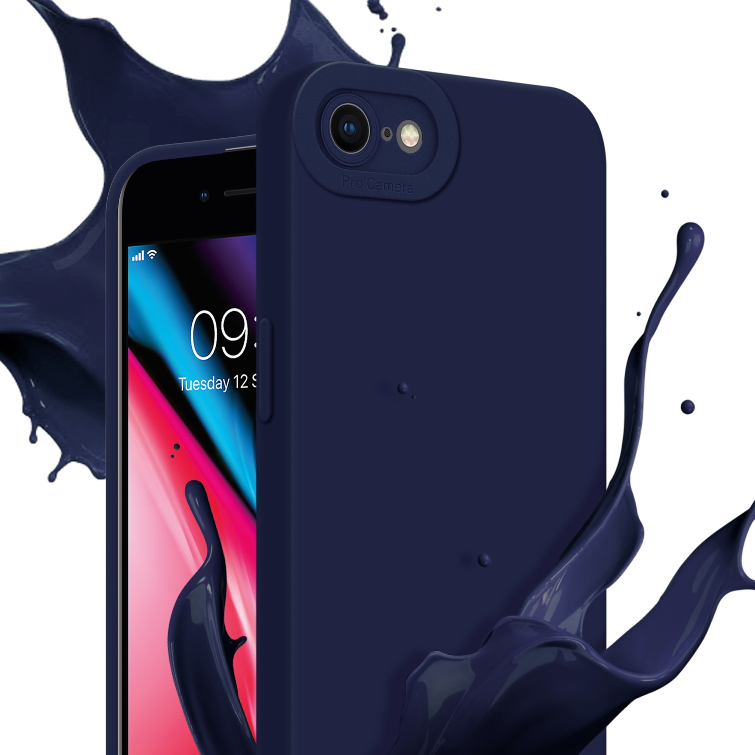 Custodia per telefono blu navy con fotocamera. Schizzo di vernice blu. Il telefono mostra l'ora, martedì 12.