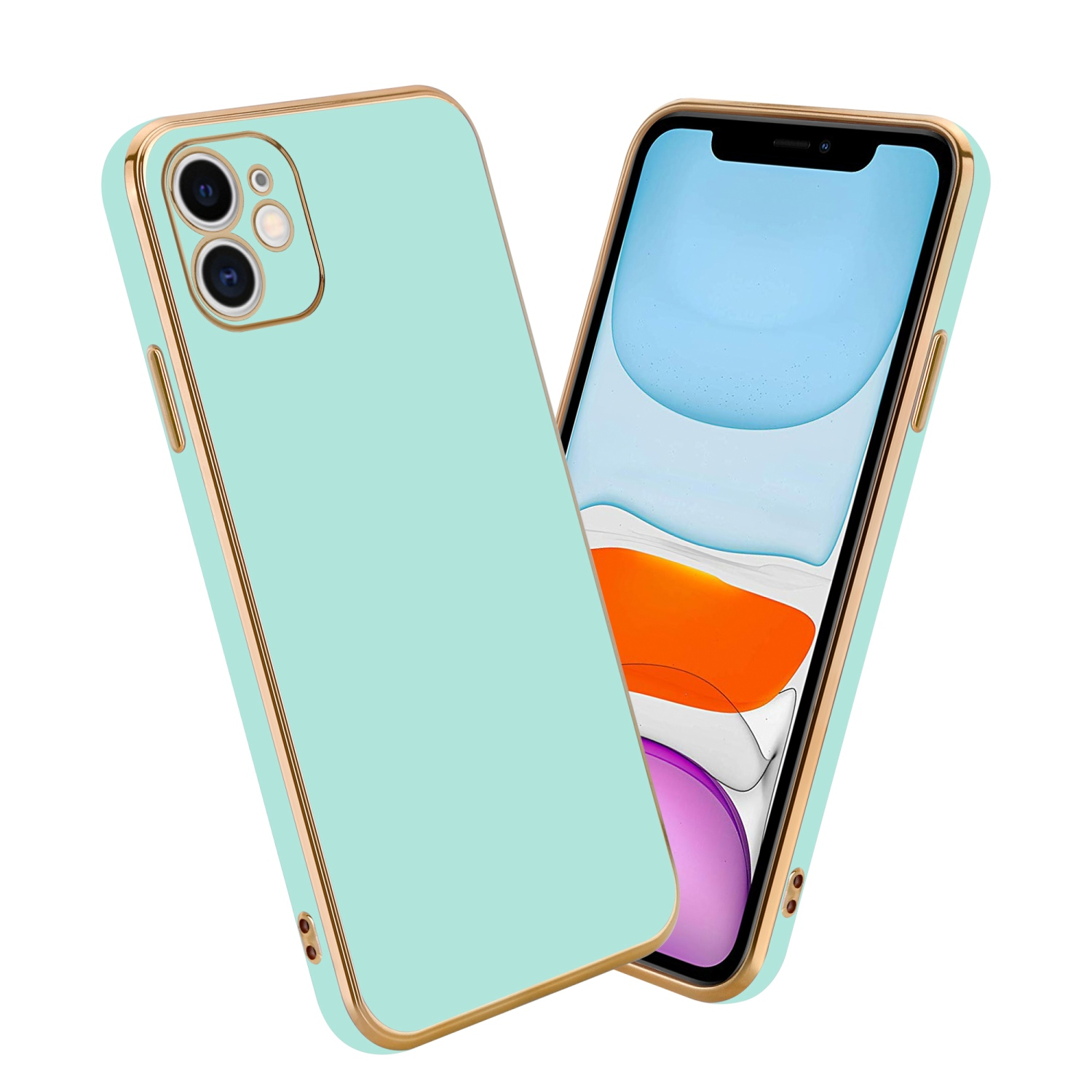 Zwei Handyhüllen. Eine mintgrün, die andere ist geöffnet und zeigt den Bildschirm des Telefons mit Orange und Lila.
