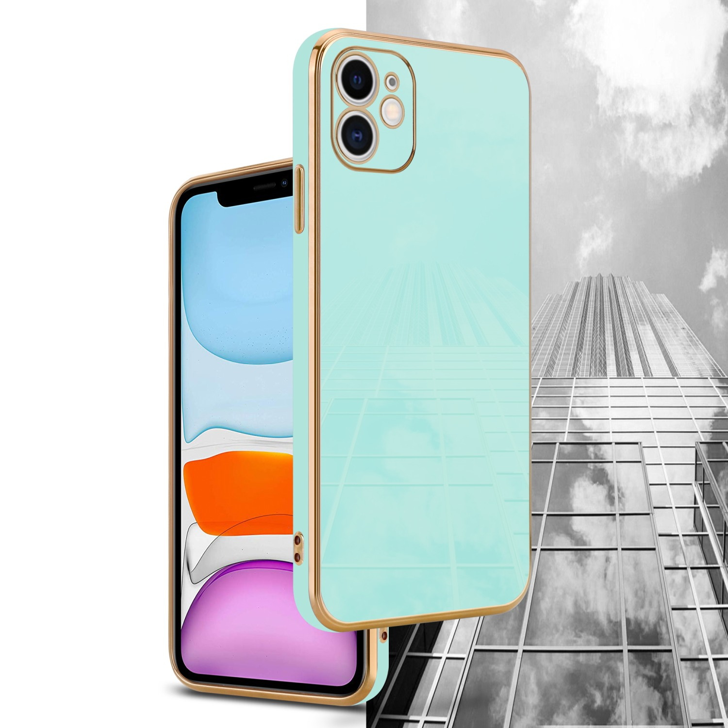 Smartphone in teal-gold Hülle, Hochhaus im Hintergrund.