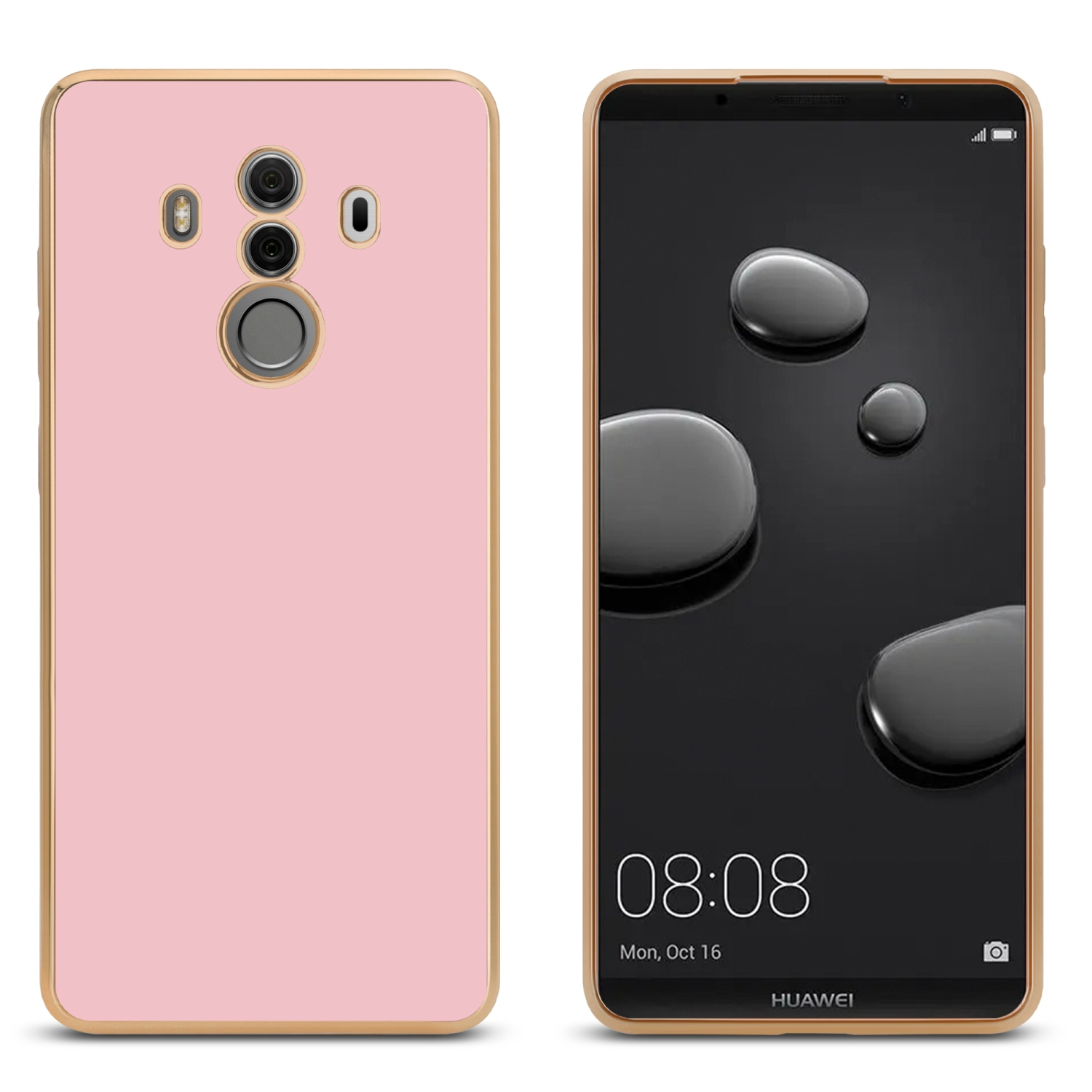 Zwei Telefone nebeneinander, eines rosa, eines schwarz. Beide haben goldene Rahmen. Das schwarze hat einen schwarzen Bildschirm.