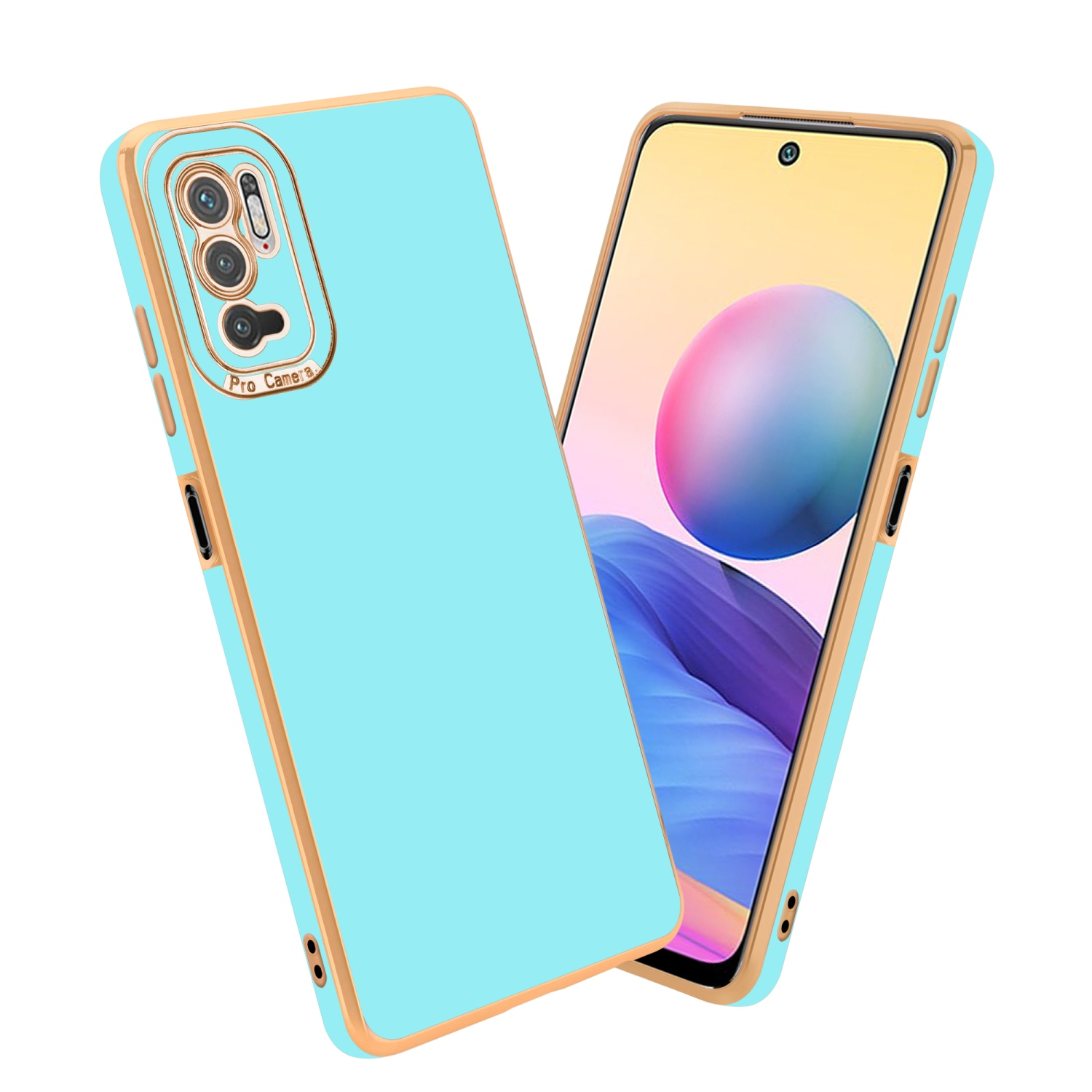 Blaue Handyhülle mit goldenem Rand und ein Telefon mit blauem Bildschirm.