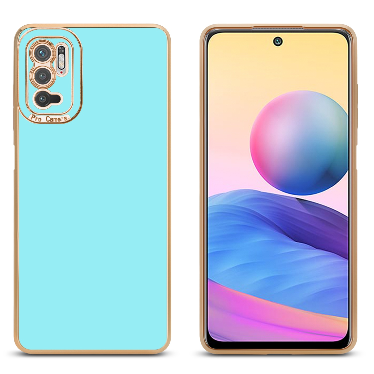 Zwei Telefone mit blauen und rosa Hüllen, Goldrahmen. Eines zeigt den Bildschirm des Telefons.