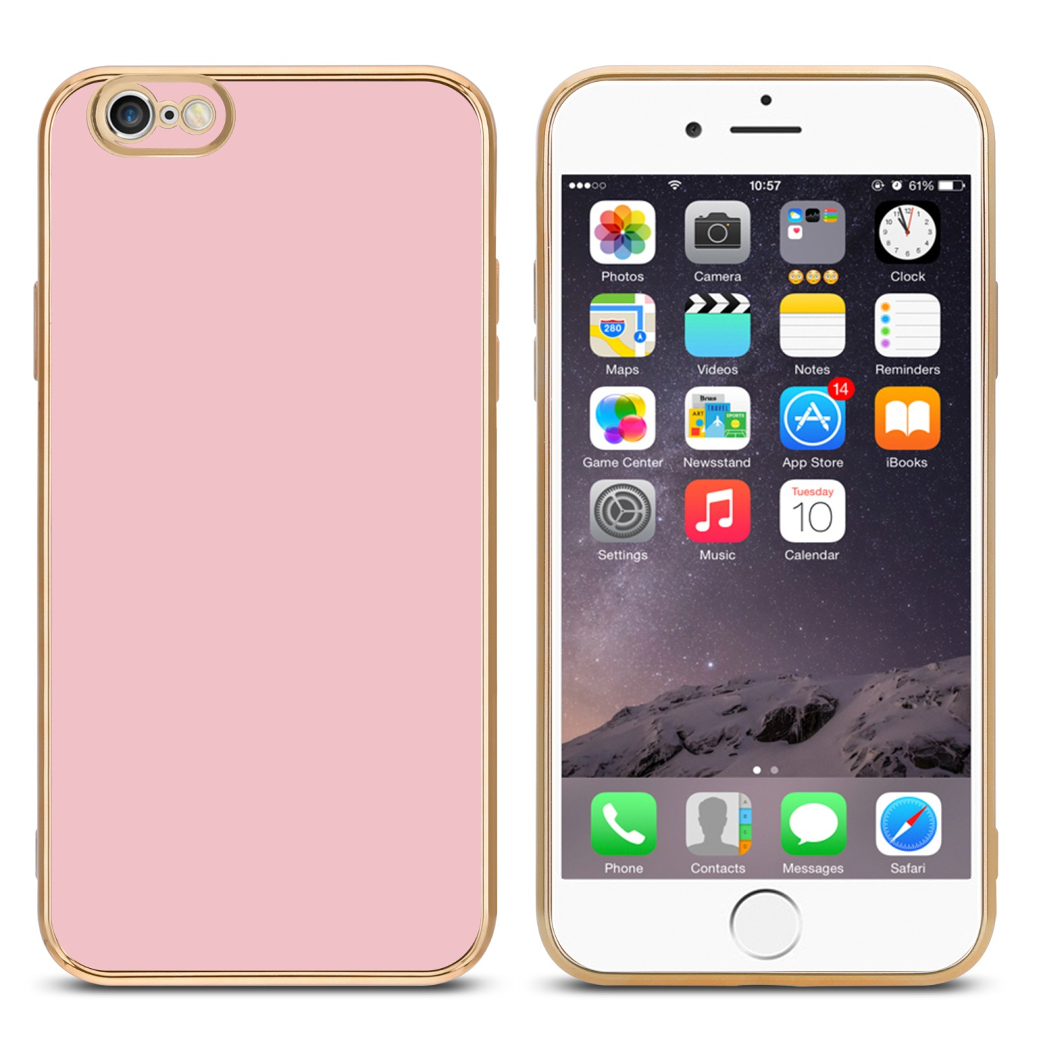 Zwei Telefone mit Hüllen: eines rosa, eines rechts mit goldenem Rahmen, zeigt den Bildschirm des Telefons.