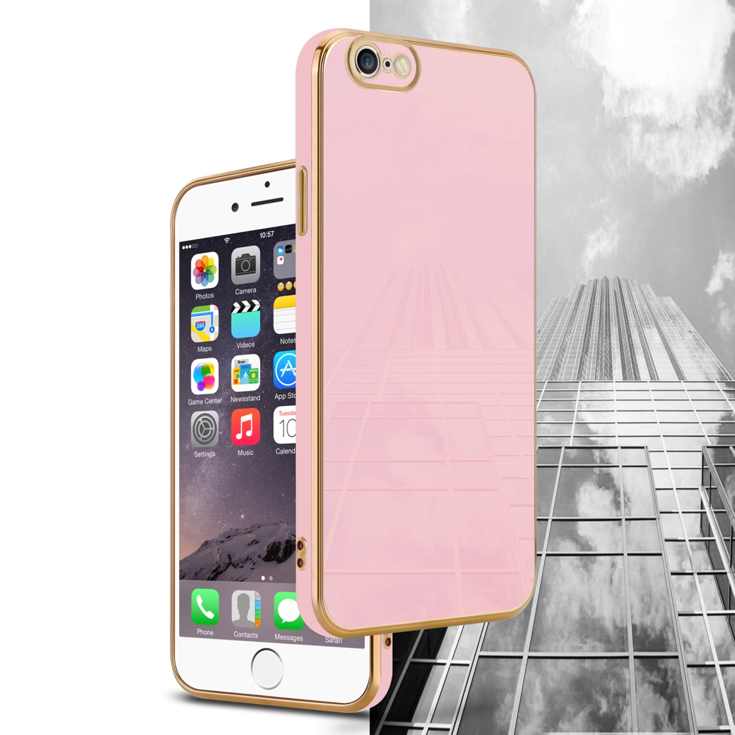 Ein Telefon mit pinkfarbener Hülle mit Goldrahmen. Der Bildschirm links sichtbar. Gebäude im Hintergrund.